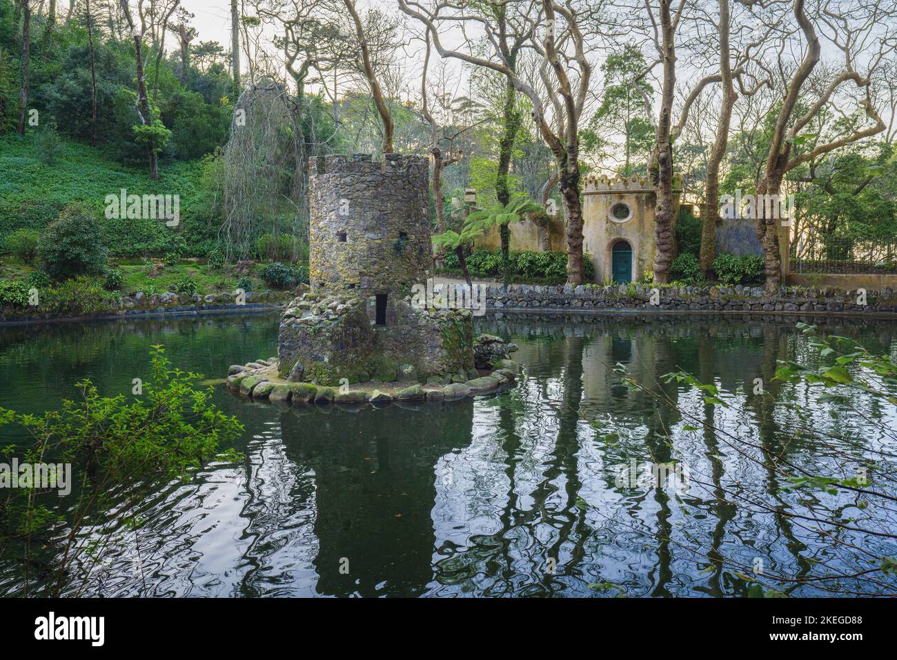 Valley of Lakes and duck houses at Pena Palace Park Sintra, Portugal