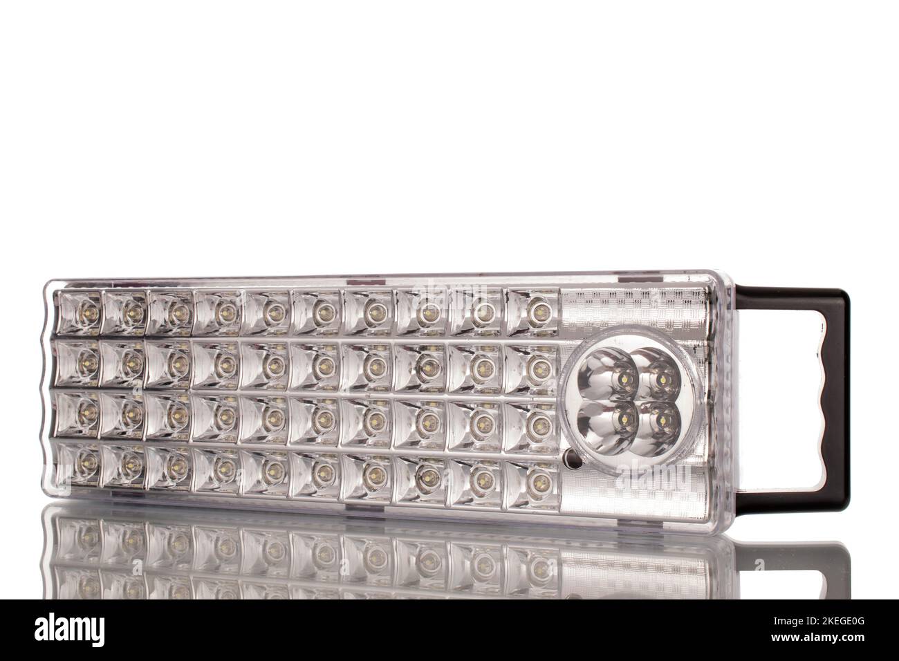One battery-powered lantern with LEDs, macro, isolated on white background. Stock Photo