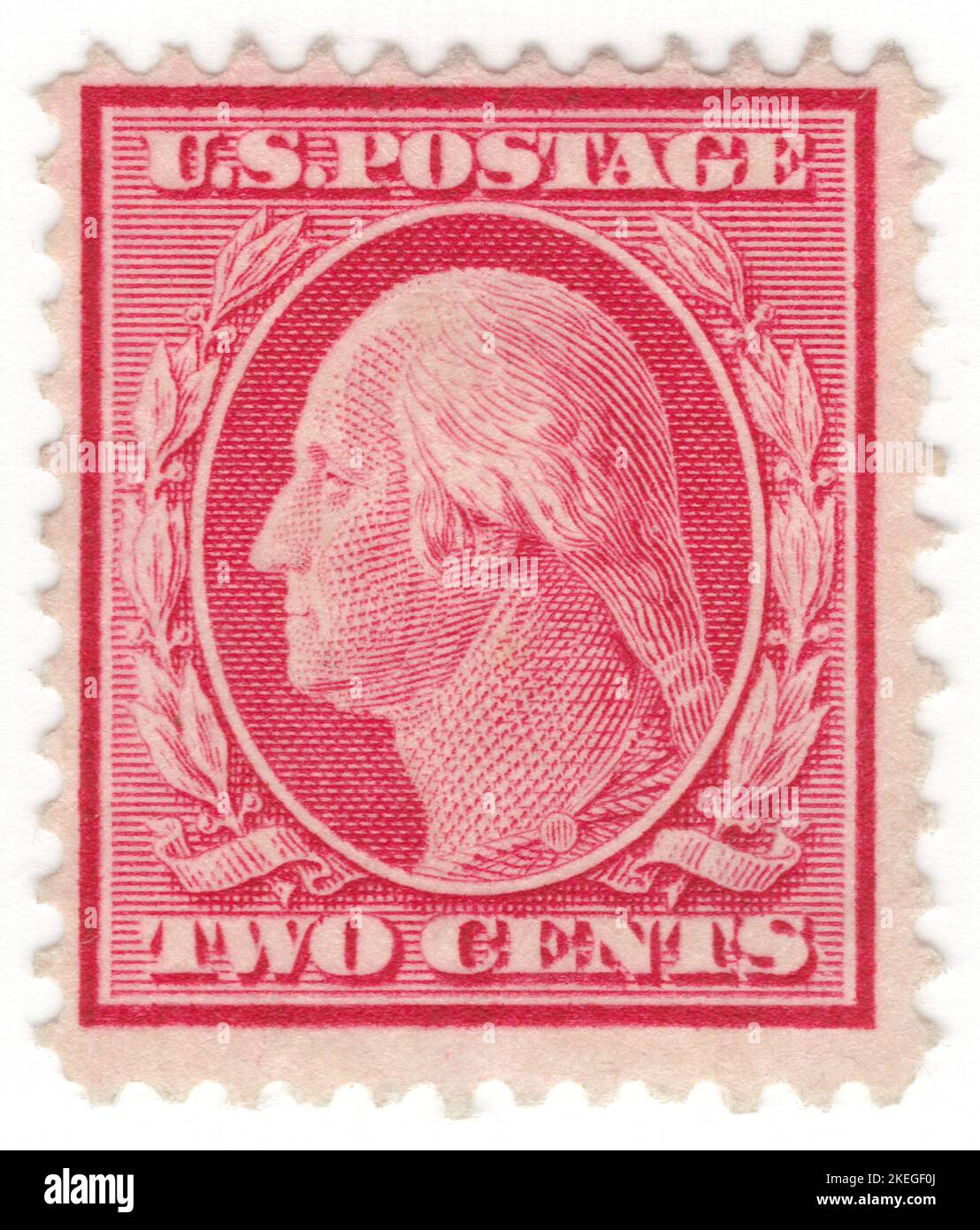 USA - 1908: An 2 cents carmine postage stamp depicting portrait of George Washington. American military officer, statesman, and Founding Father who served as the first president of the United States from 1789 to 1797. Appointed by the Continental Congress as commander of the Continental Army, Washington led the Patriot forces to victory in the American Revolutionary War and served as the president of the Constitutional Convention of 1787, which created the Constitution of the United States and the American federal government. Washington has been called the 'Father of his Country' Stock Photo