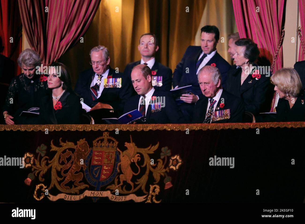 Members of the royal family, the Duke and Duchess of Gloucester (back left), Prince and Princess of Wales, King Charles III, the Queen Consort and the Princess Royal during the annual Royal British Legion Festival of Remembrance at the Royal Albert Hall in London. Picture date: Saturday November 12, 2022. Stock Photo