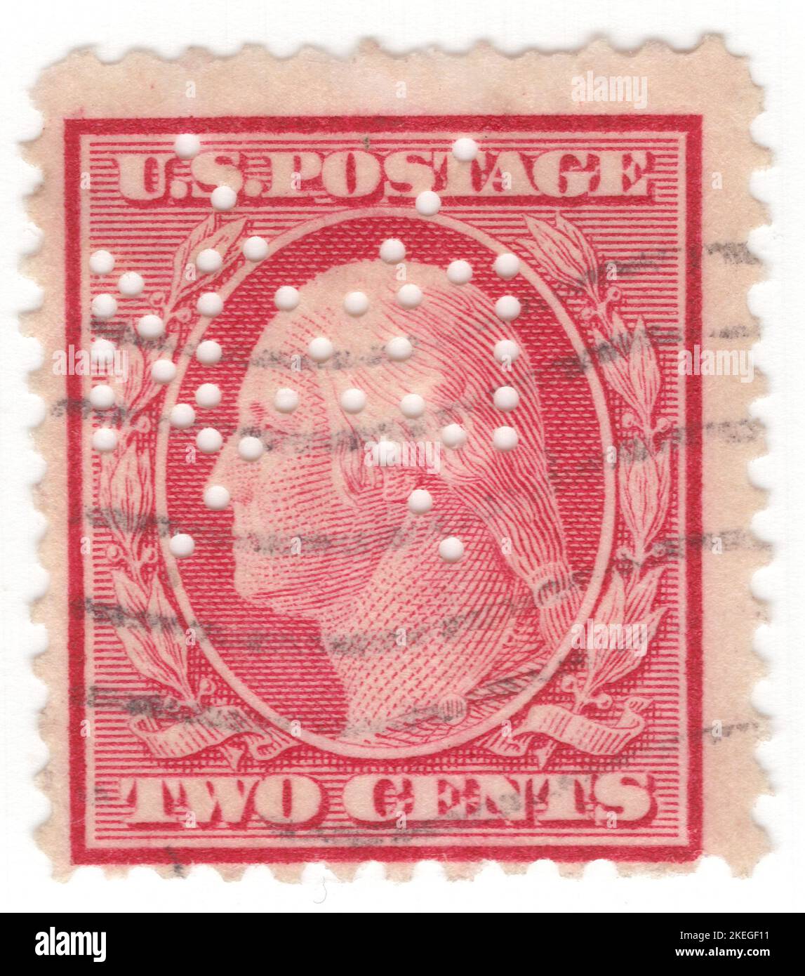 USA - 1908: An 2 cents carmine postage stamp depicting portrait of George Washington. American military officer, statesman, and Founding Father who served as the first president of the United States from 1789 to 1797. Appointed by the Continental Congress as commander of the Continental Army, Washington led the Patriot forces to victory in the American Revolutionary War and served as the president of the Constitutional Convention of 1787, which created the Constitution of the United States and the American federal government. Washington has been called the 'Father of his Country' Stock Photo