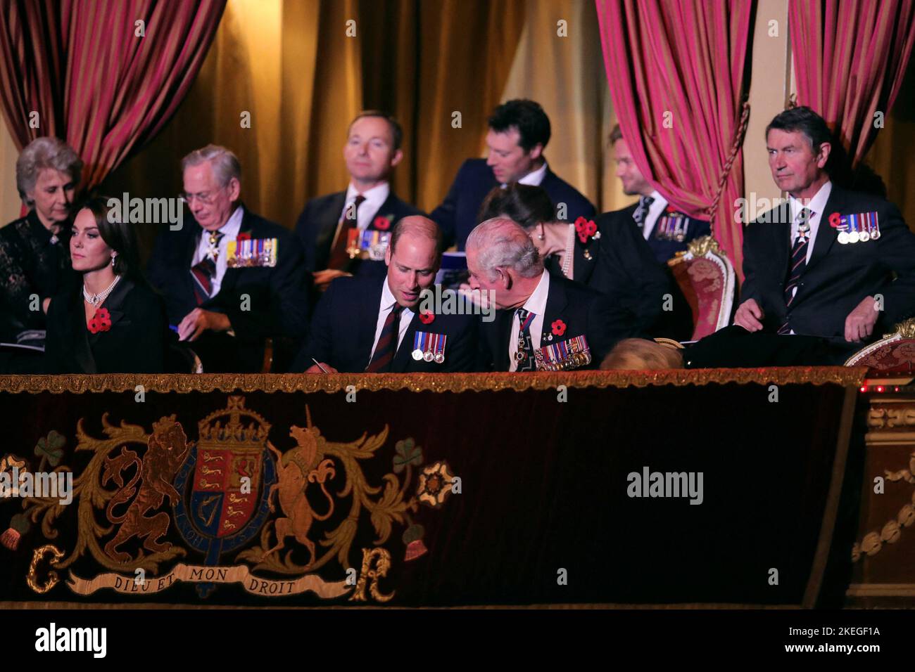 Members of the royal family, the Duke and Duchess of Gloucester (back left), Prince and Princess of Wales, King Charles III and Vice Admiral Sir Timothy Laurence (right) during the annual Royal British Legion Festival of Remembrance at the Royal Albert Hall in London. Picture date: Saturday November 12, 2022. Stock Photo