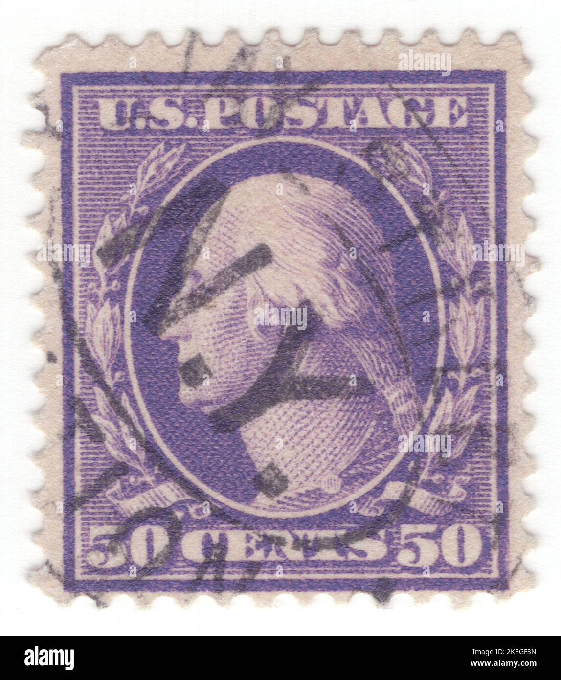 USA - 1909: An 50 cents violet postage stamp depicting portrait of George Washington. American military officer, statesman, and Founding Father who served as the first president of the United States from 1789 to 1797. Appointed by the Continental Congress as commander of the Continental Army, Washington led the Patriot forces to victory in the American Revolutionary War and served as the president of the Constitutional Convention of 1787, which created the Constitution of the United States and the American federal government. Washington has been called the "Father of his Country" Stock Photo