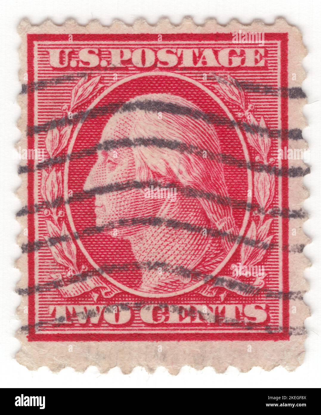 USA - 1910: An 2 cents carmine postage stamp depicting portrait of George Washington. American military officer, statesman, and Founding Father who served as the first president of the United States from 1789 to 1797. Appointed by the Continental Congress as commander of the Continental Army, Washington led the Patriot forces to victory in the American Revolutionary War and served as the president of the Constitutional Convention of 1787, which created the Constitution of the United States and the American federal government. Washington has been called the 'Father of his Country' Stock Photo