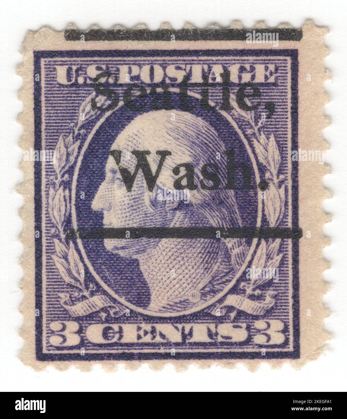 USA - 1911: An 3 cents deep violet postage stamp depicting portrait of George Washington. American military officer, statesman, and Founding Father who served as the first president of the United States from 1789 to 1797. Appointed by the Continental Congress as commander of the Continental Army, Washington led the Patriot forces to victory in the American Revolutionary War and served as the president of the Constitutional Convention of 1787, which created the Constitution of the United States and the American federal government. Washington has been called the 'Father of his Country' Stock Photo