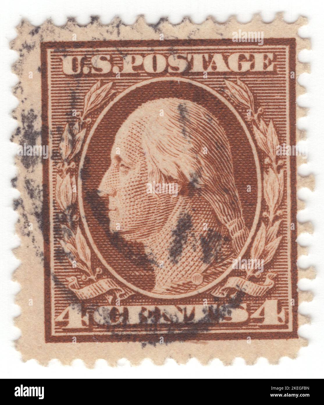 USA - 1911: An 4 cents brown postage stamp depicting portrait of George Washington. American military officer, statesman, and Founding Father who served as the first president of the United States from 1789 to 1797. Appointed by the Continental Congress as commander of the Continental Army, Washington led the Patriot forces to victory in the American Revolutionary War and served as the president of the Constitutional Convention of 1787, which created the Constitution of the United States and the American federal government. Washington has been called the 'Father of his Country' Stock Photo