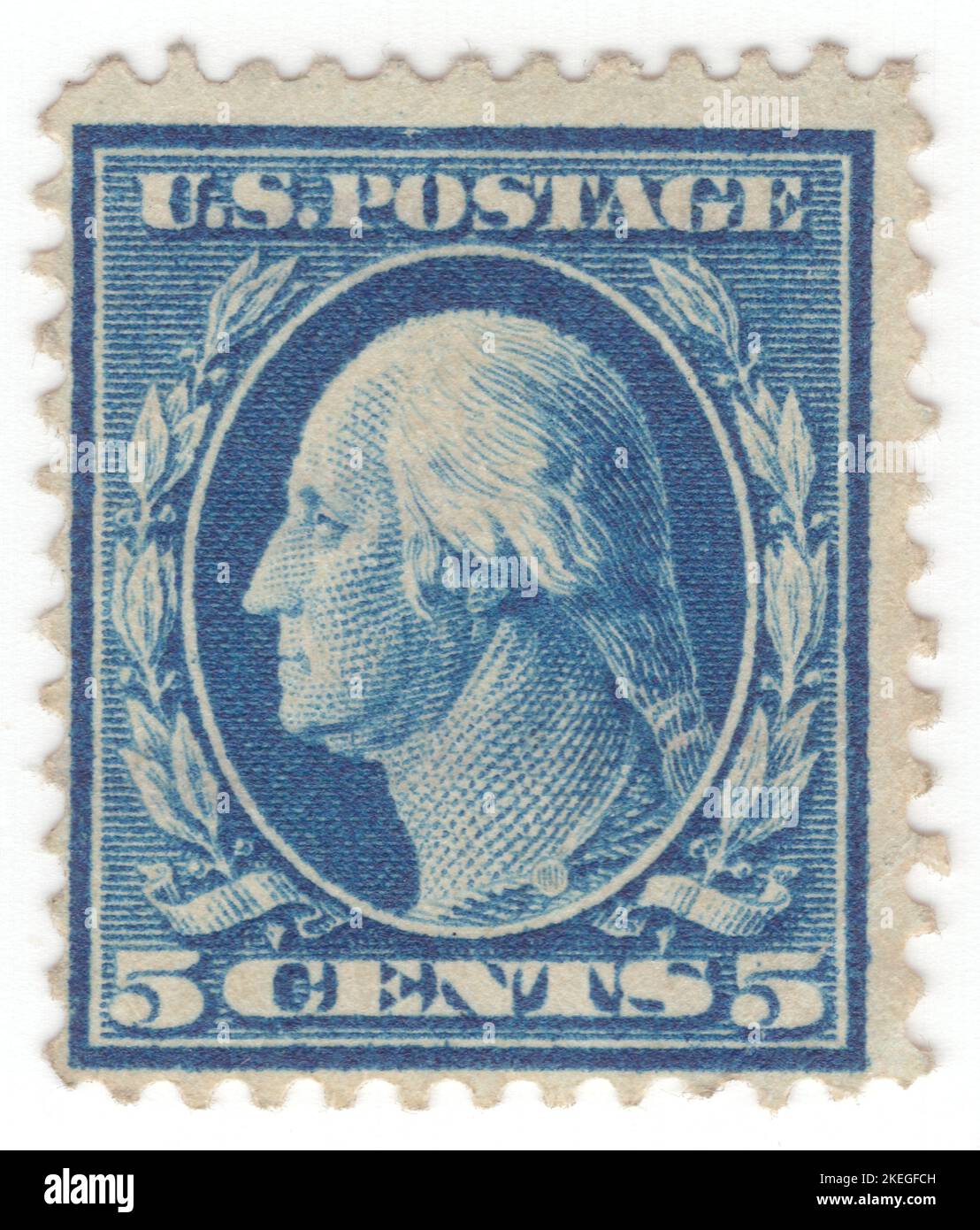 USA - 1911: An 5 cents blue postage stamp depicting portrait of George Washington. American military officer, statesman, and Founding Father who served as the first president of the United States from 1789 to 1797. Appointed by the Continental Congress as commander of the Continental Army, Washington led the Patriot forces to victory in the American Revolutionary War and served as the president of the Constitutional Convention of 1787, which created the Constitution of the United States and the American federal government. Washington has been called the 'Father of his Country' Stock Photo