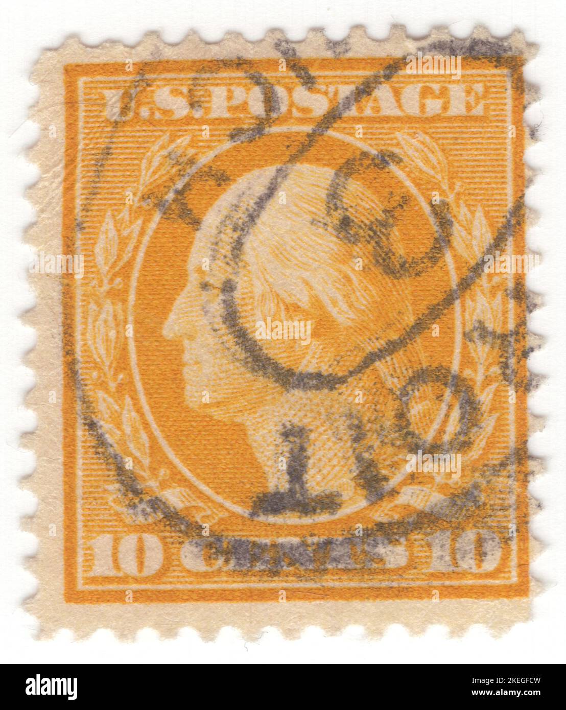 USA - 1911: An 10 cents yellow postage stamp depicting portrait of George Washington. American military officer, statesman, and Founding Father who served as the first president of the United States from 1789 to 1797. Appointed by the Continental Congress as commander of the Continental Army, Washington led the Patriot forces to victory in the American Revolutionary War and served as the president of the Constitutional Convention of 1787, which created the Constitution of the United States and the American federal government. Washington has been called the 'Father of his Country' Stock Photo