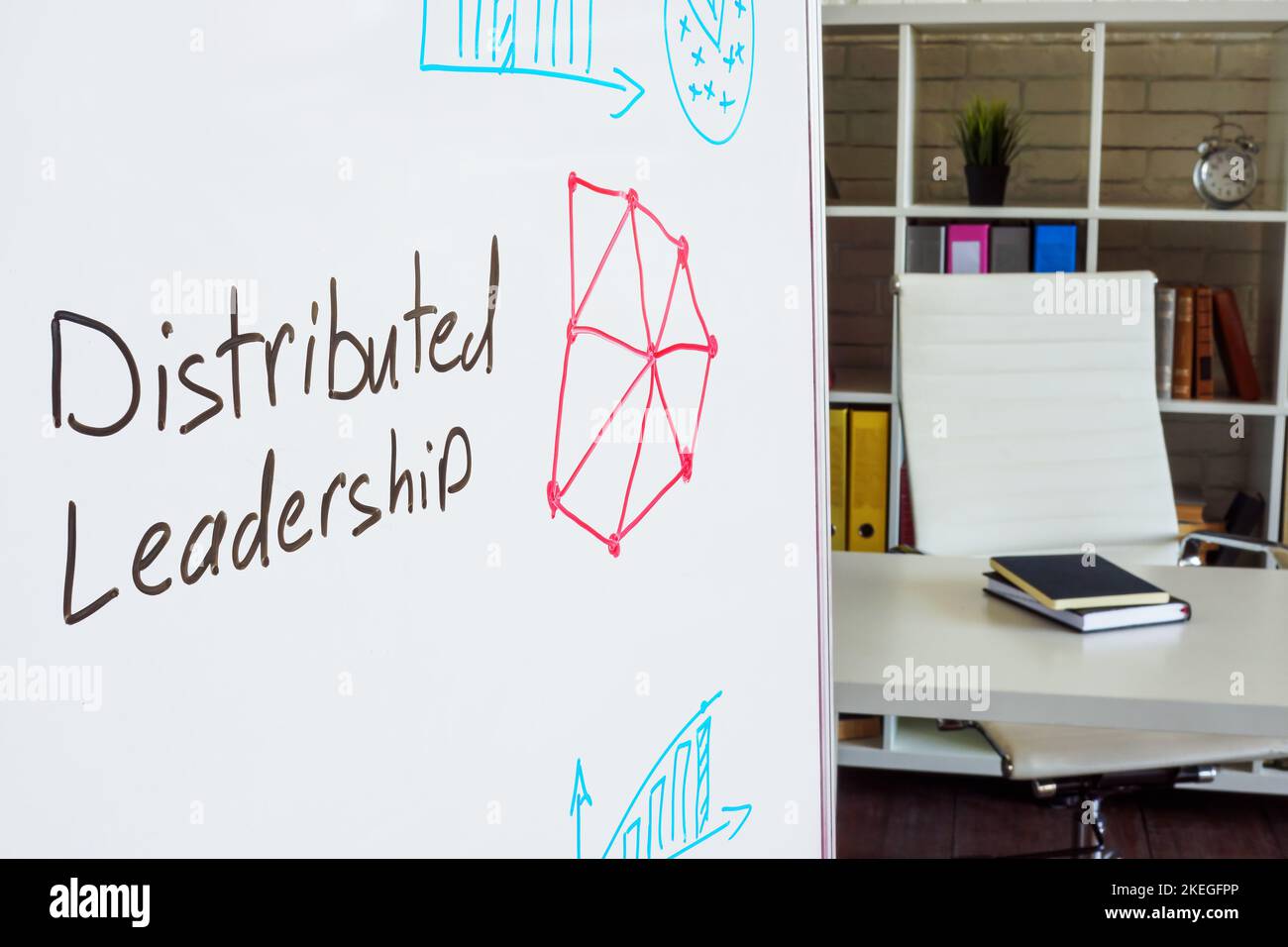 Distributed leadership phrase and scheme on the whiteboard. Stock Photo