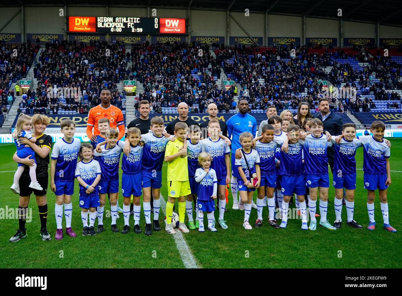 Mascots pose for a photo before the Sky Bet Championship match Wigan Athletic vs Blackpool at DW Stadium, Wigan, United Kingdom, 12th November 2022  (Photo by Steve Flynn/News Images) Stock Photo