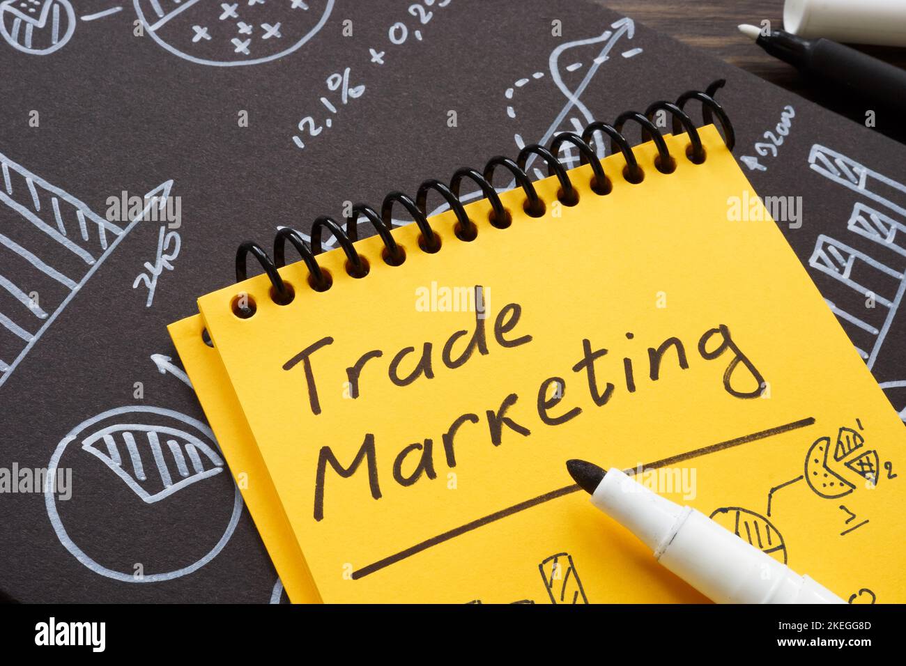 Marks with charts about trade marketing on the page. Stock Photo