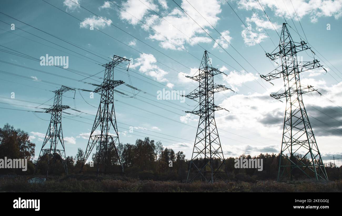 Electricity station steel constructions on stormy sky background Stock Photo