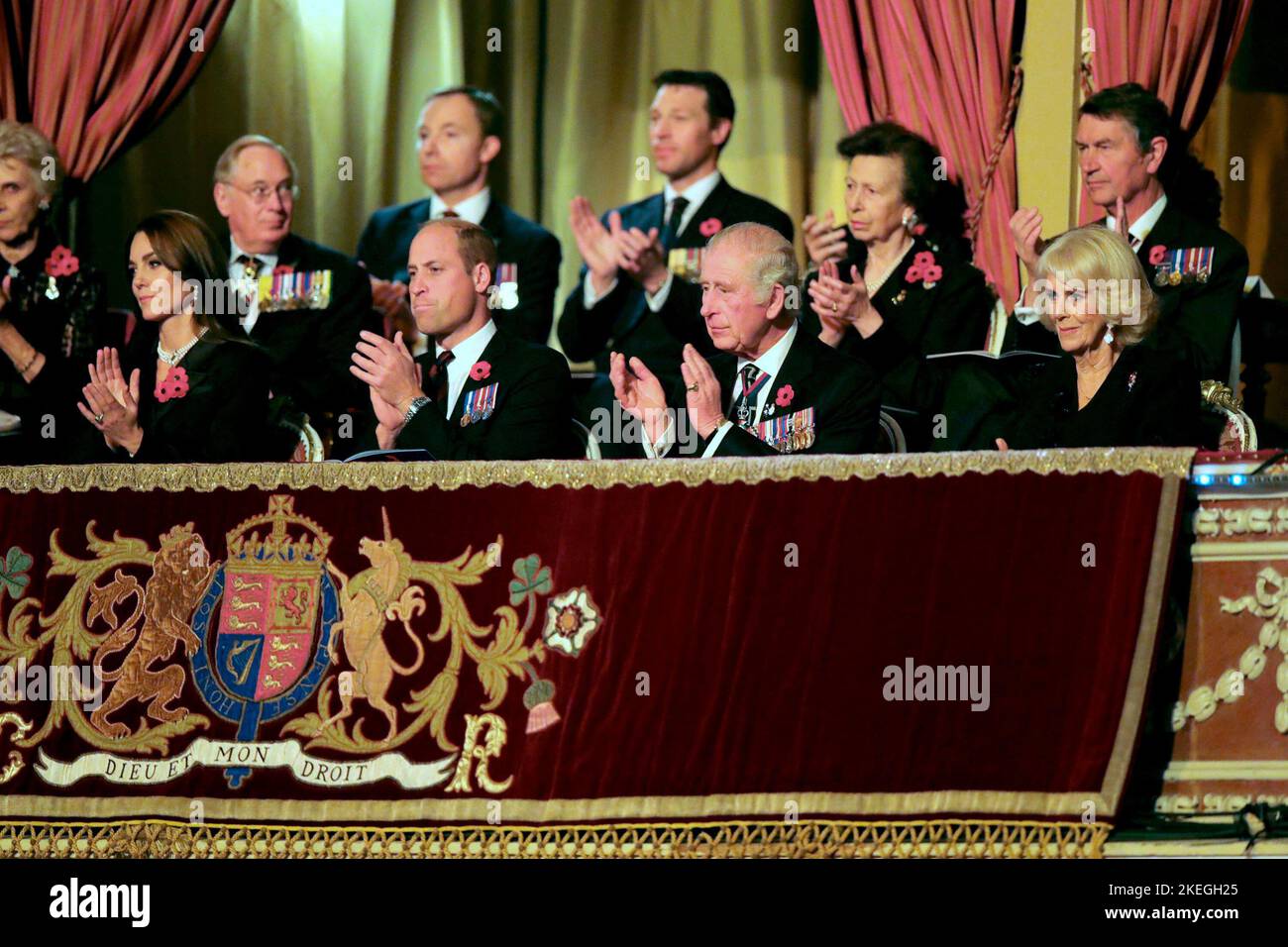 Members of the royal family, the Duke and Duchess of Gloucester (back left), Prince and Princess of Wales, King Charles III and the Queen Consort, and Vice Admiral Sir Timothy Laurence with the Princess Royal (back right) during the annual Royal British Legion Festival of Remembrance at the Royal Albert Hall in London. Picture date: Saturday November 12, 2022. Stock Photo