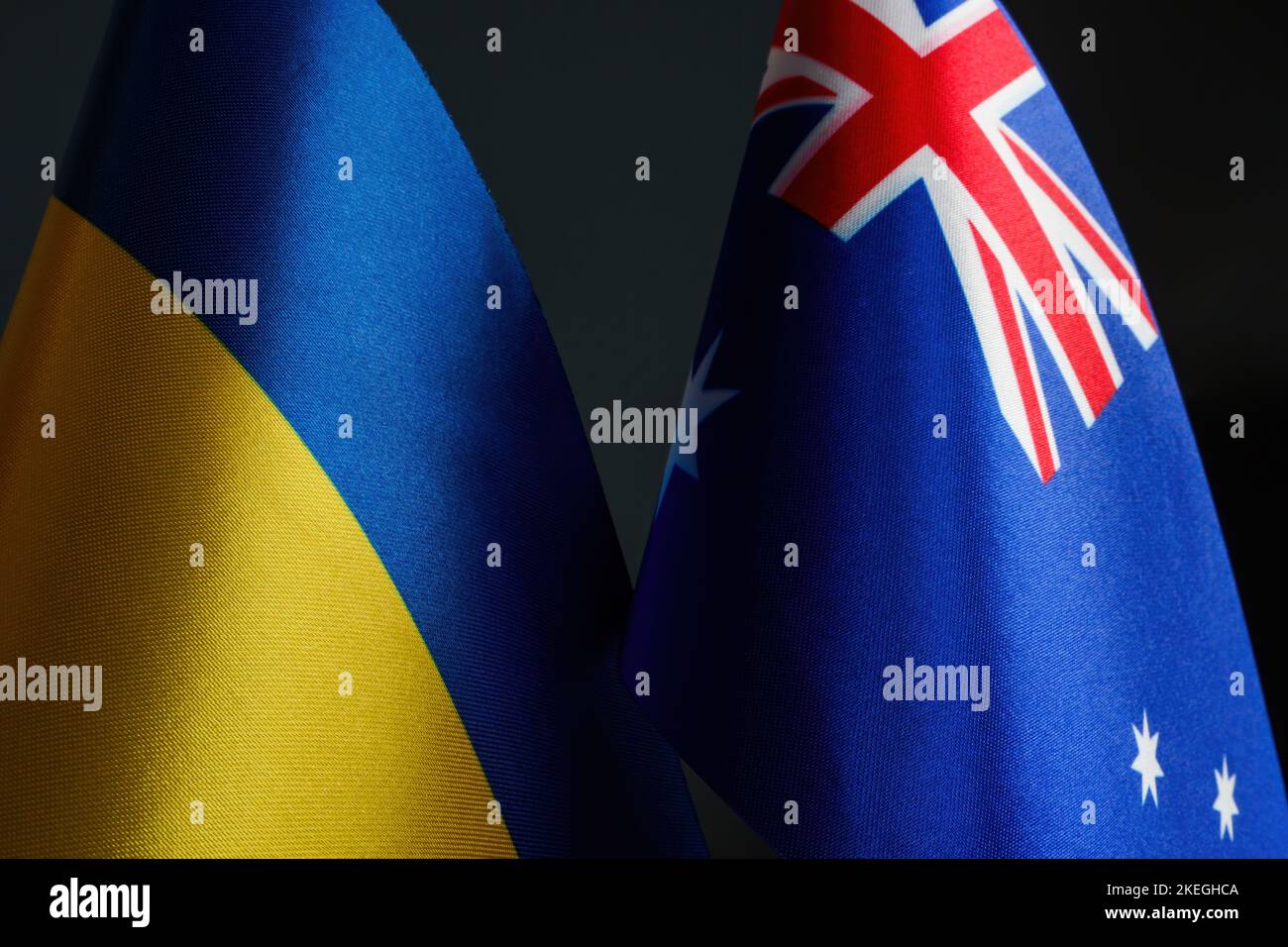Nearby are the flags of Ukraine and Australia as a symbol of cooperation. Stock Photo