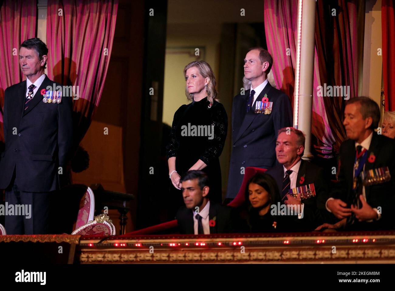 The Earl and Countess of Wessex, (standing centre) Vice Admiral Sir Timothy Laurence (left) and Prime Minister Rishi Sunak and his wife Akshata Murty (seated centre) during the annual Royal British Legion Festival of Remembrance at the Royal Albert Hall in London. Picture date: Saturday November 12, 2022. Stock Photo