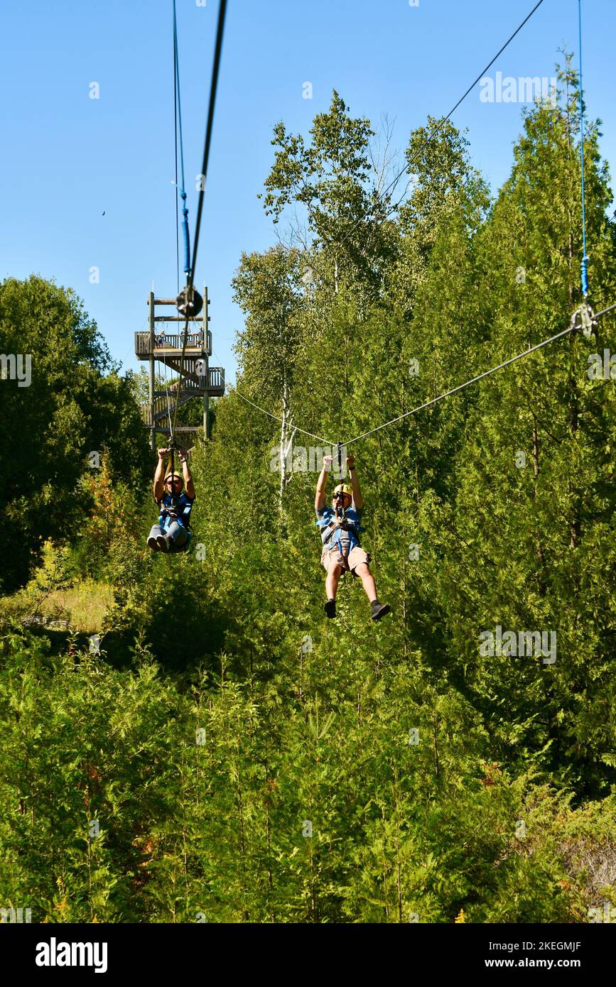 People on high adventure on zipline course through forest canopy with