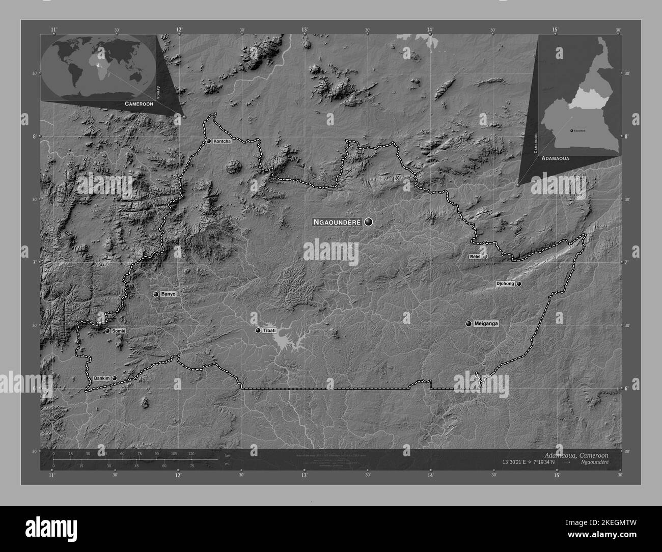 Adamaoua, region of Cameroon. Bilevel elevation map with lakes and ...
