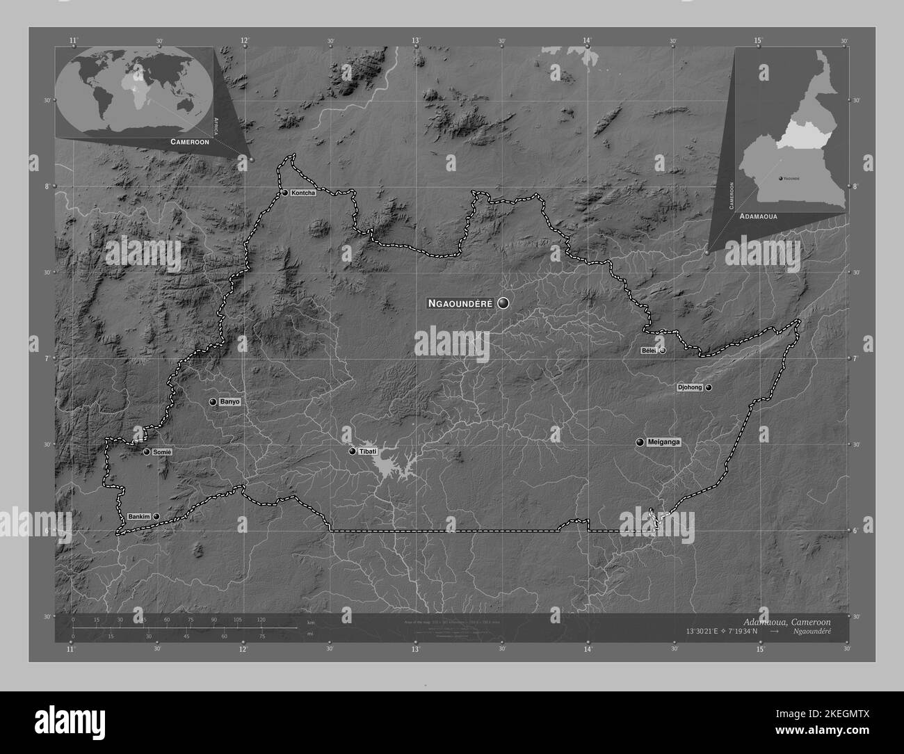 Adamaoua, region of Cameroon. Grayscale elevation map with lakes and ...