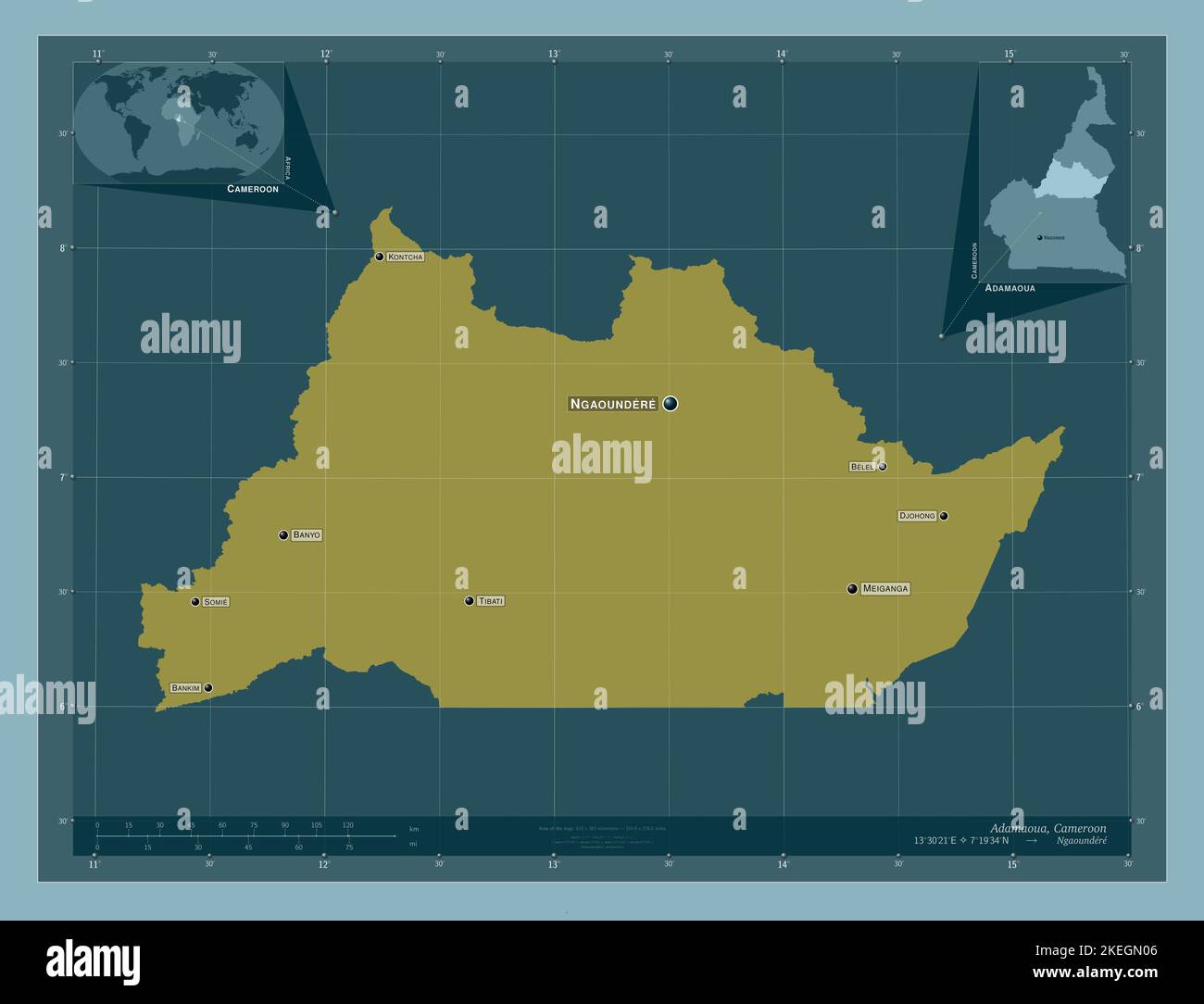 Adamaoua, region of Cameroon. Solid color shape. Locations and names of