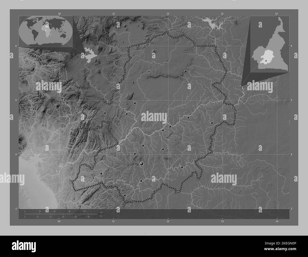 Centre, region of Cameroon. Grayscale elevation map with lakes and ...