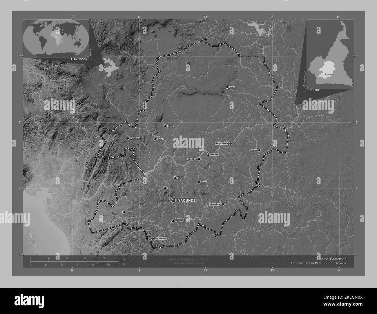 Centre, region of Cameroon. Grayscale elevation map with lakes and ...