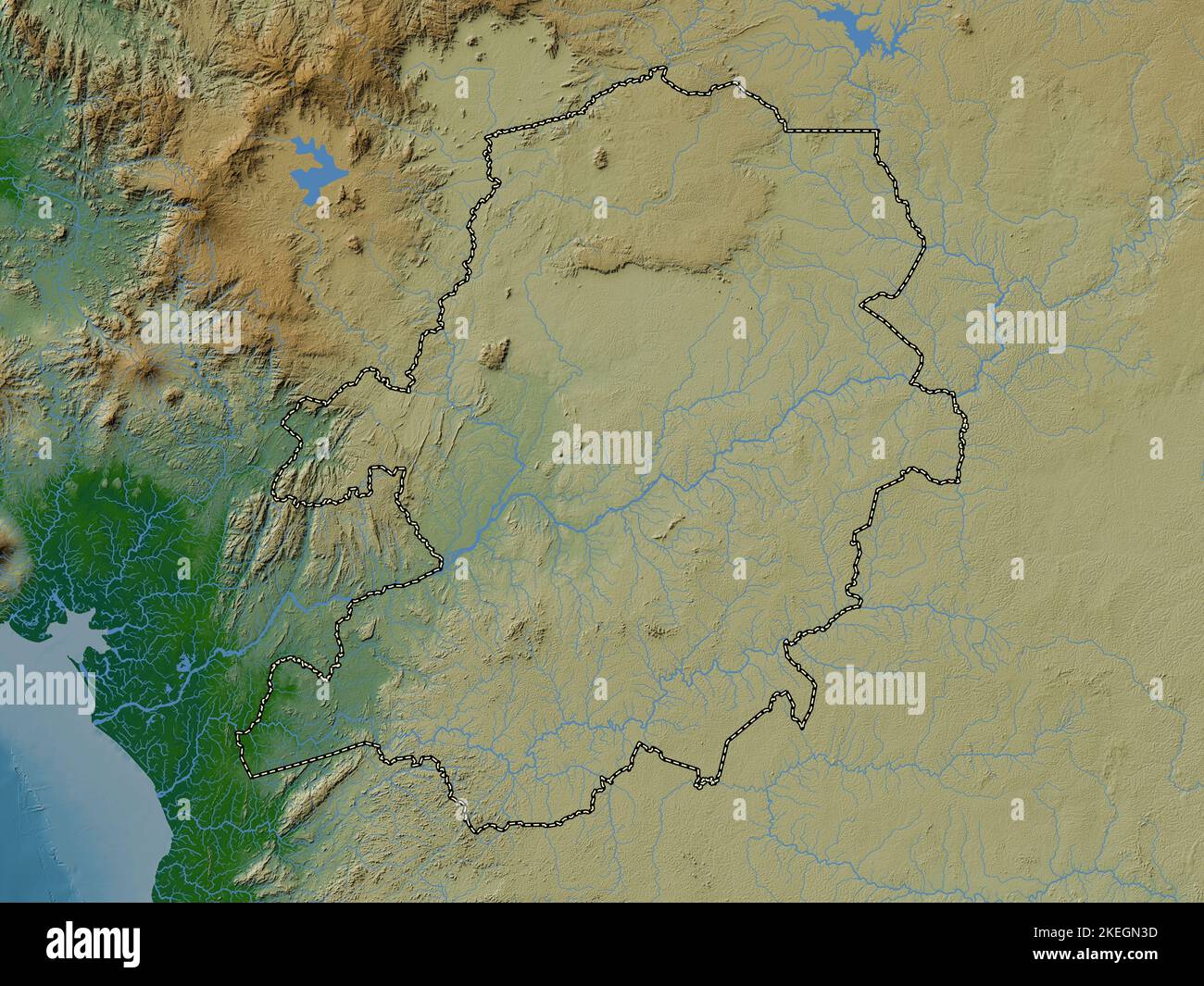 Centre, region of Cameroon. Colored elevation map with lakes and rivers