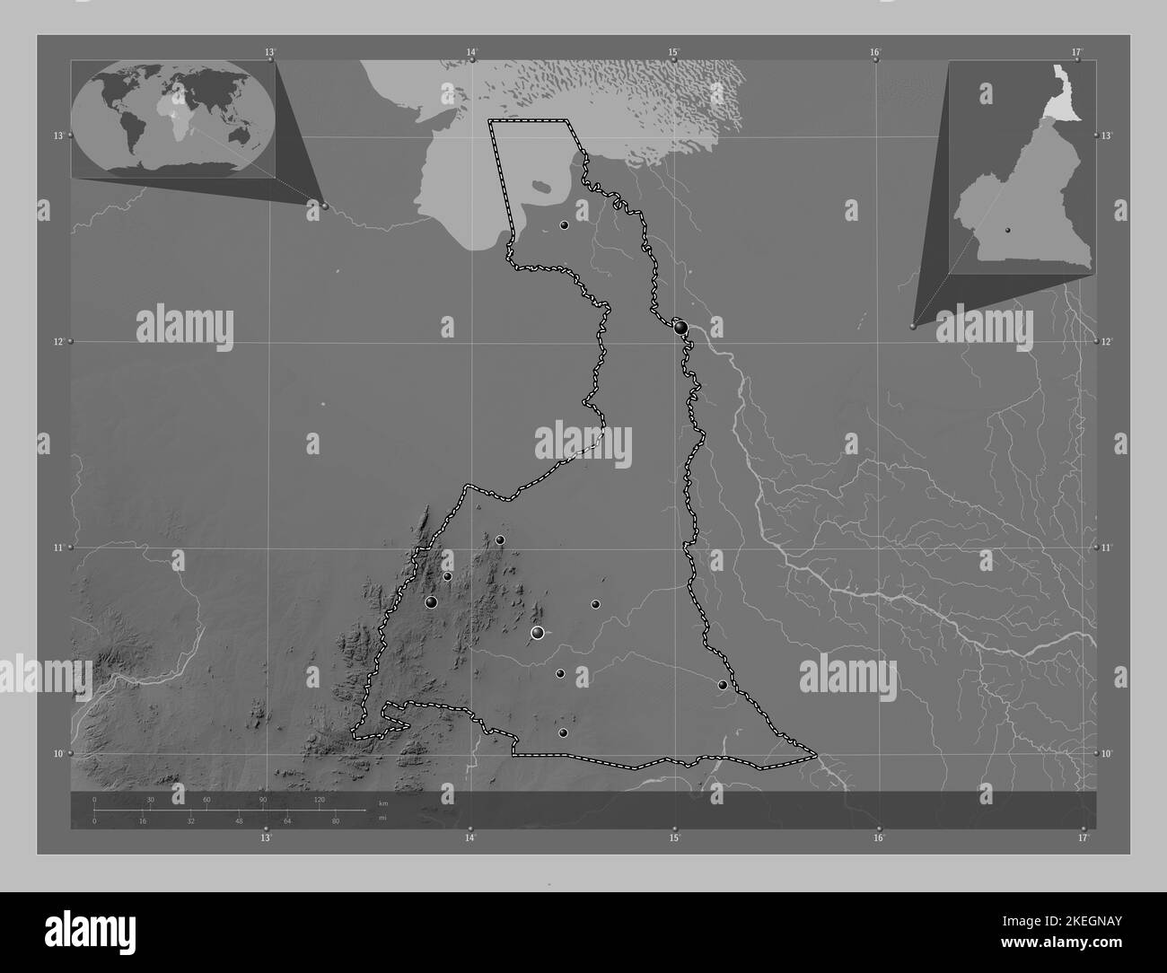Extreme-Nord, region of Cameroon. Grayscale elevation map with lakes ...