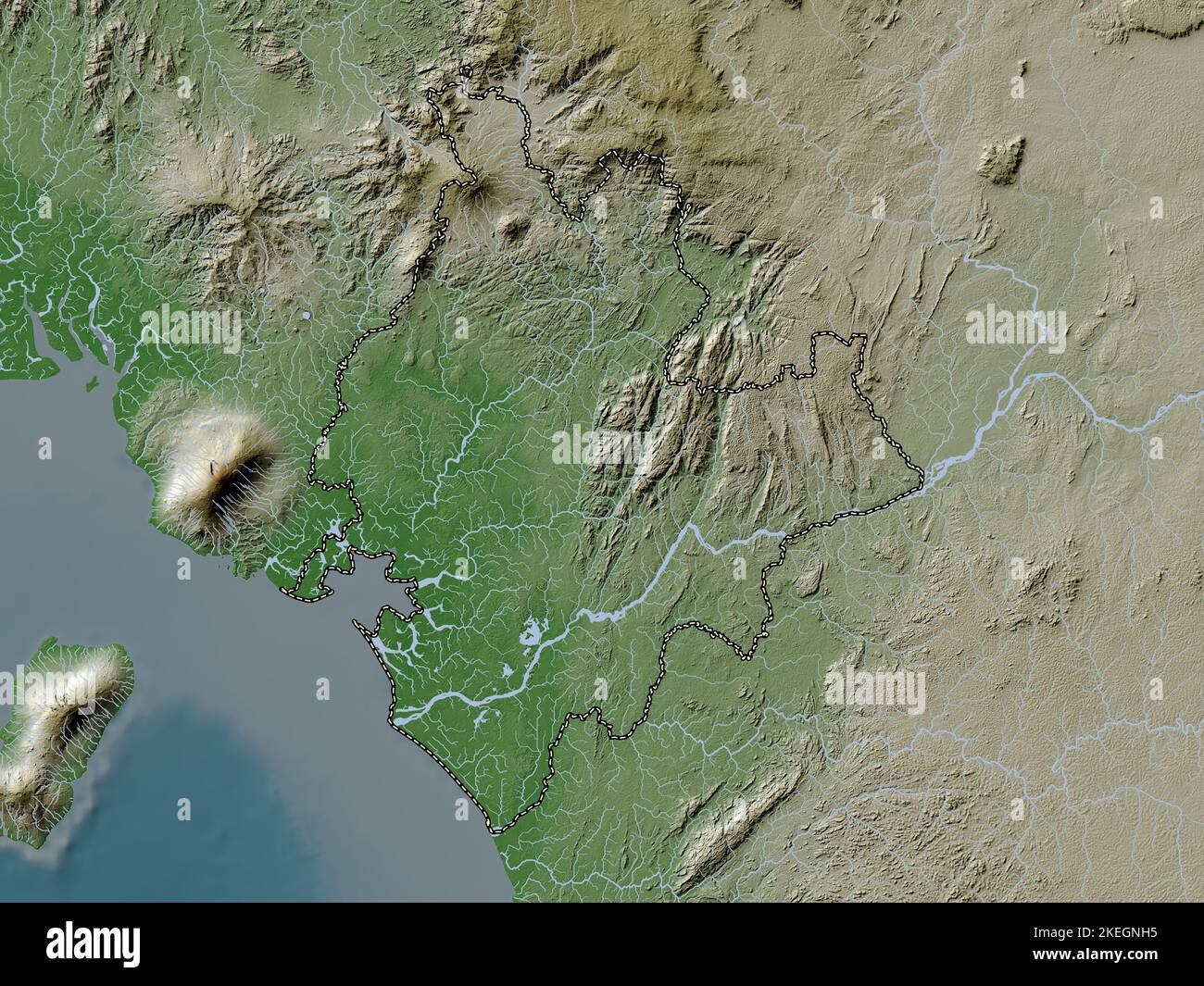 Littoral, region of Cameroon. Elevation map colored in wiki style with