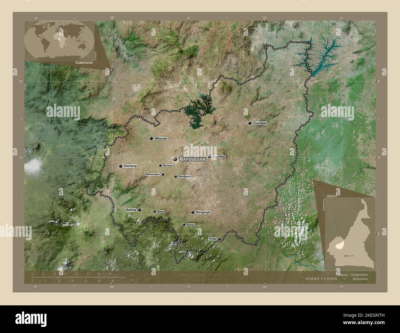 Ouest, region of Cameroon. High resolution satellite map. Locations and