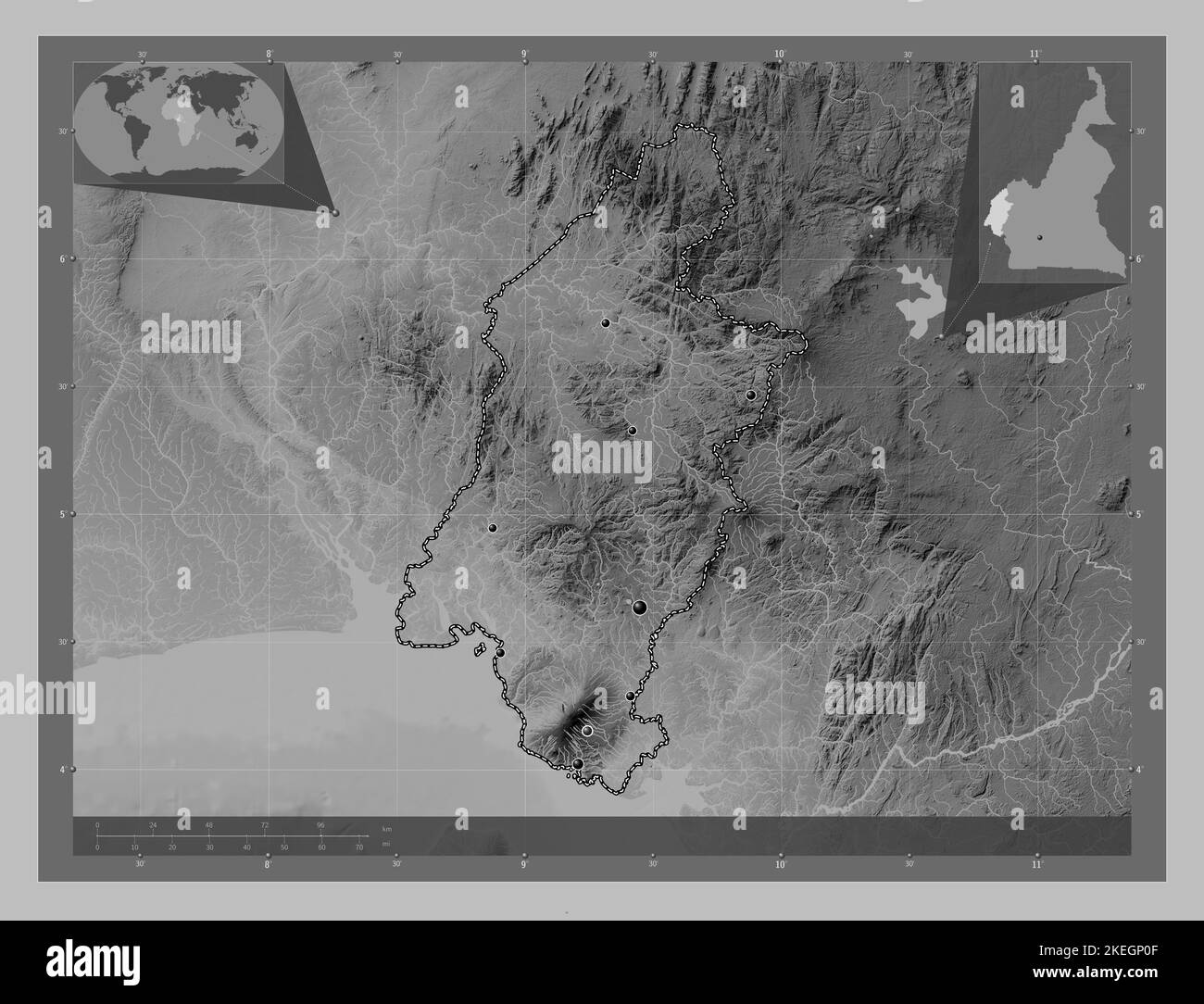 Sud-Ouest, region of Cameroon. Grayscale elevation map with lakes and ...