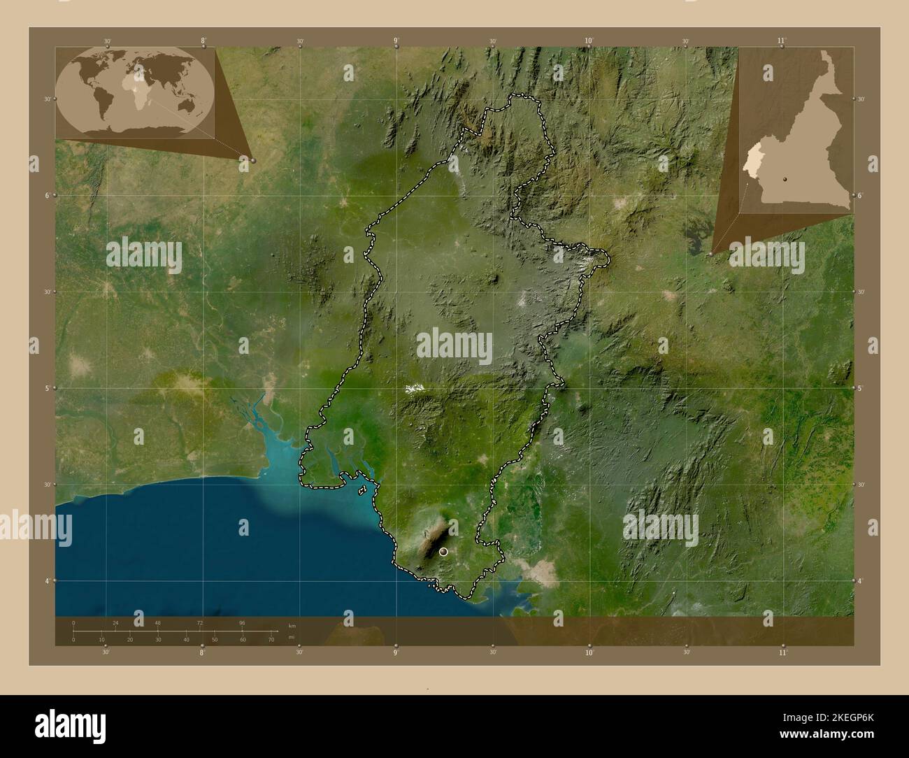 Sud-Ouest, region of Cameroon. Low resolution satellite map. Corner