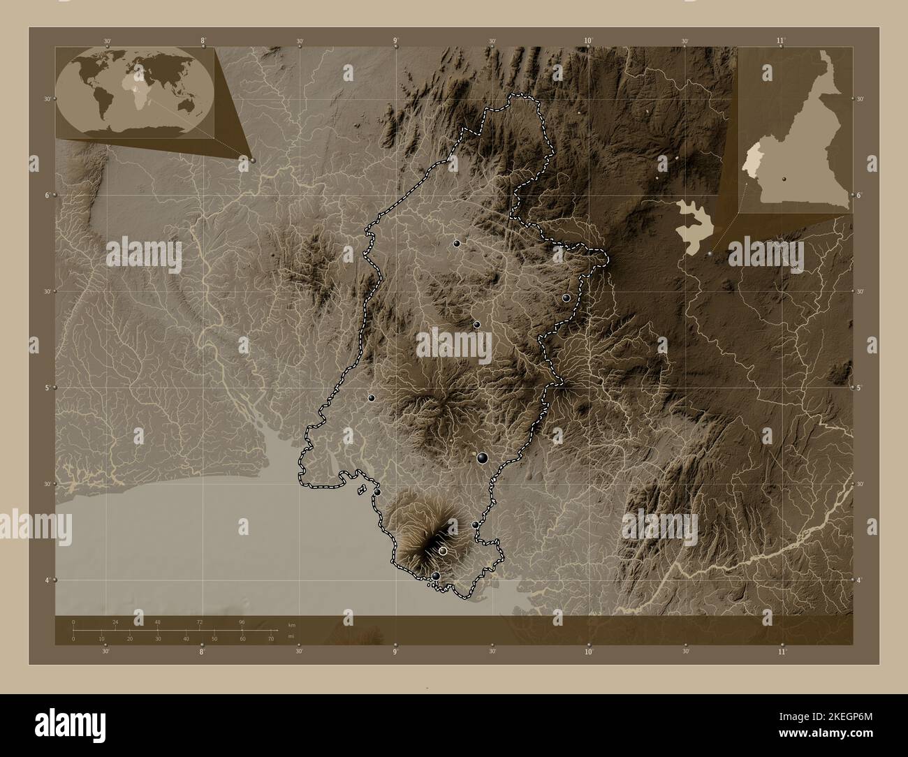 Sud-Ouest, region of Cameroon. Elevation map colored in sepia tones ...