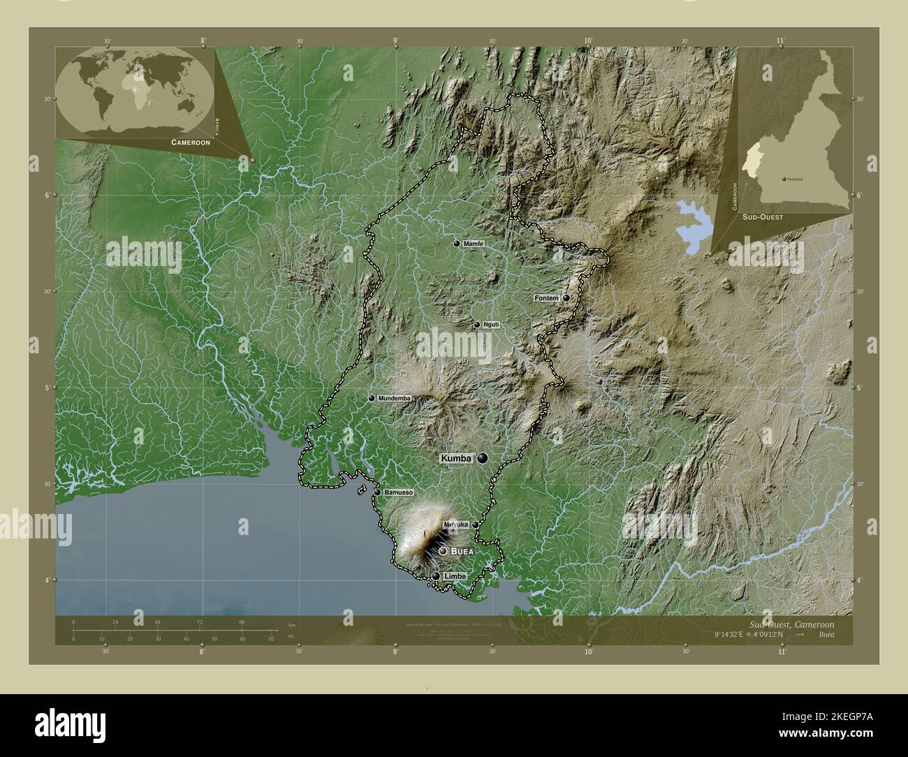 Sud-Ouest, region of Cameroon. Elevation map colored in wiki style with