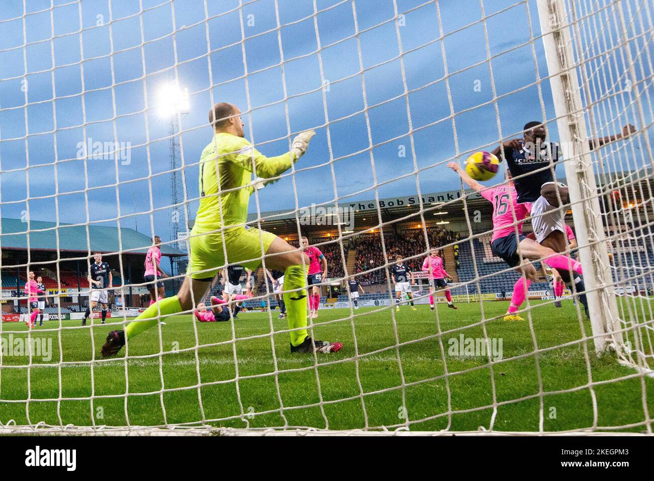 Dundee, Scotland, UK. 12th November 2022; Dens Park, Dundee, Scotland: Scottish Championship football, Dundee versus Raith Rovers; Zach Robinson of Dundee scores for 2-0 Credit: Action Plus Sports Images/Alamy Live News Stock Photo