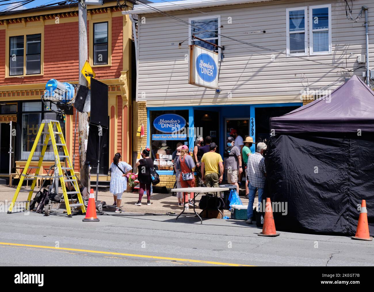 tv crew setting up for filming on Agricola street in Halifax Stock