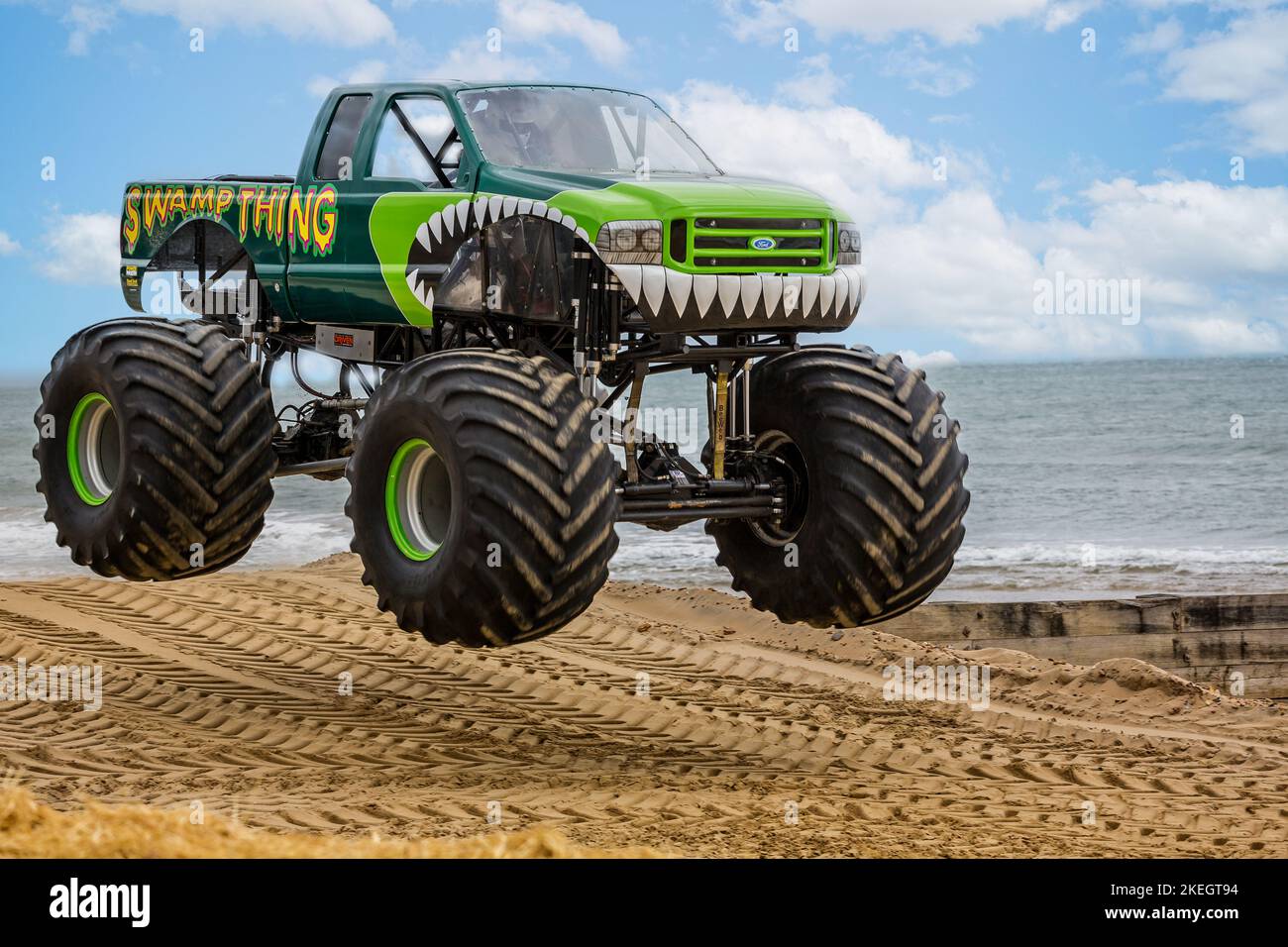 Monster truck airborne at the beach taken at Bournemouth, Dorset, UK on 31 May 2015 Stock Photo