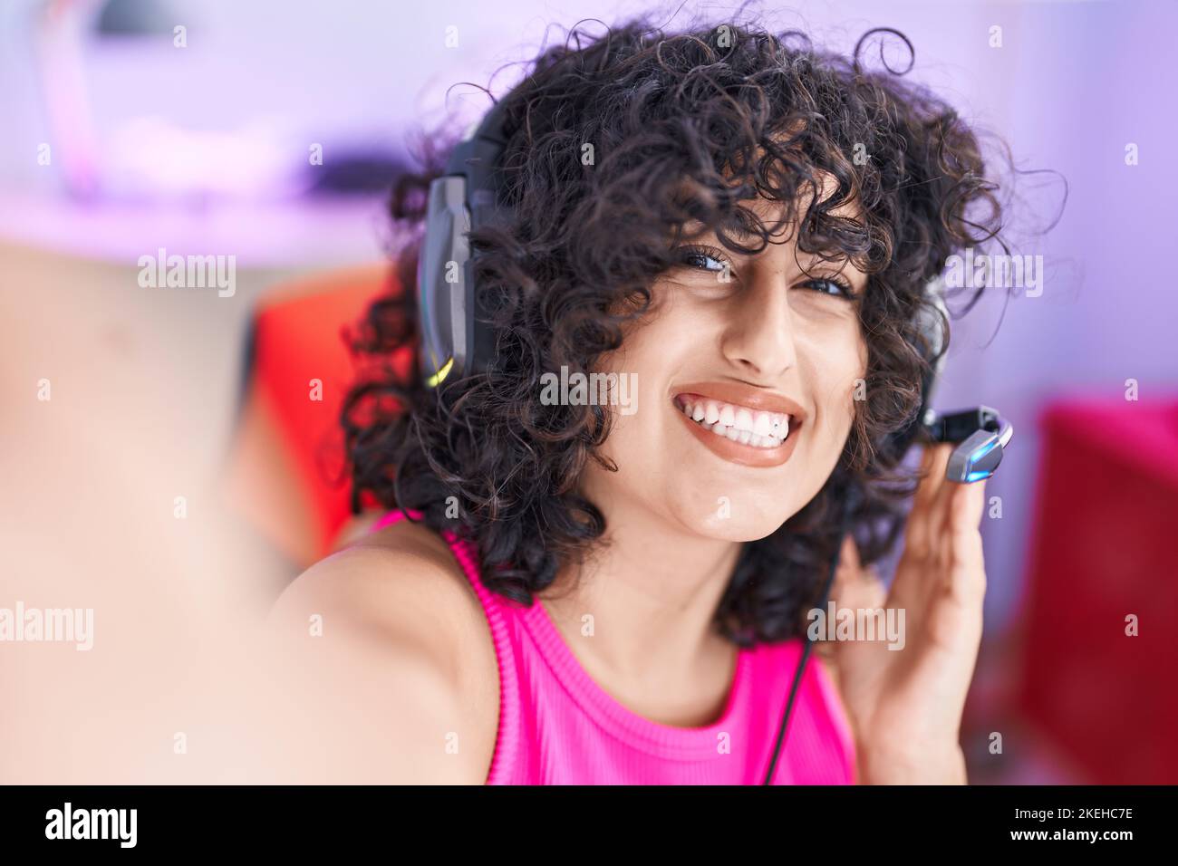 Young middle eastern woman streamer smiling confident make selfie by