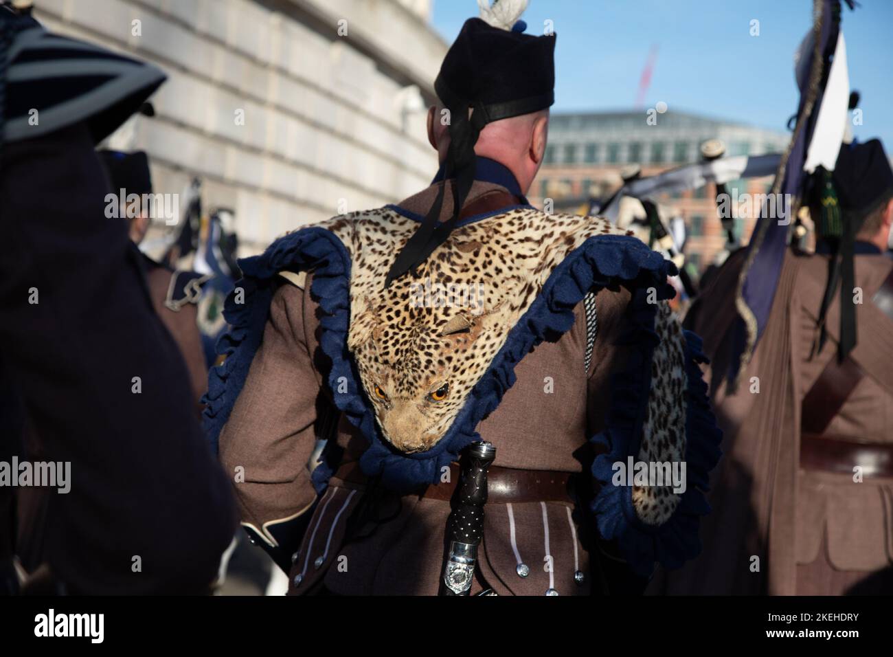 London, UK. 12th November 2022. A drummer wears a leopard skin during