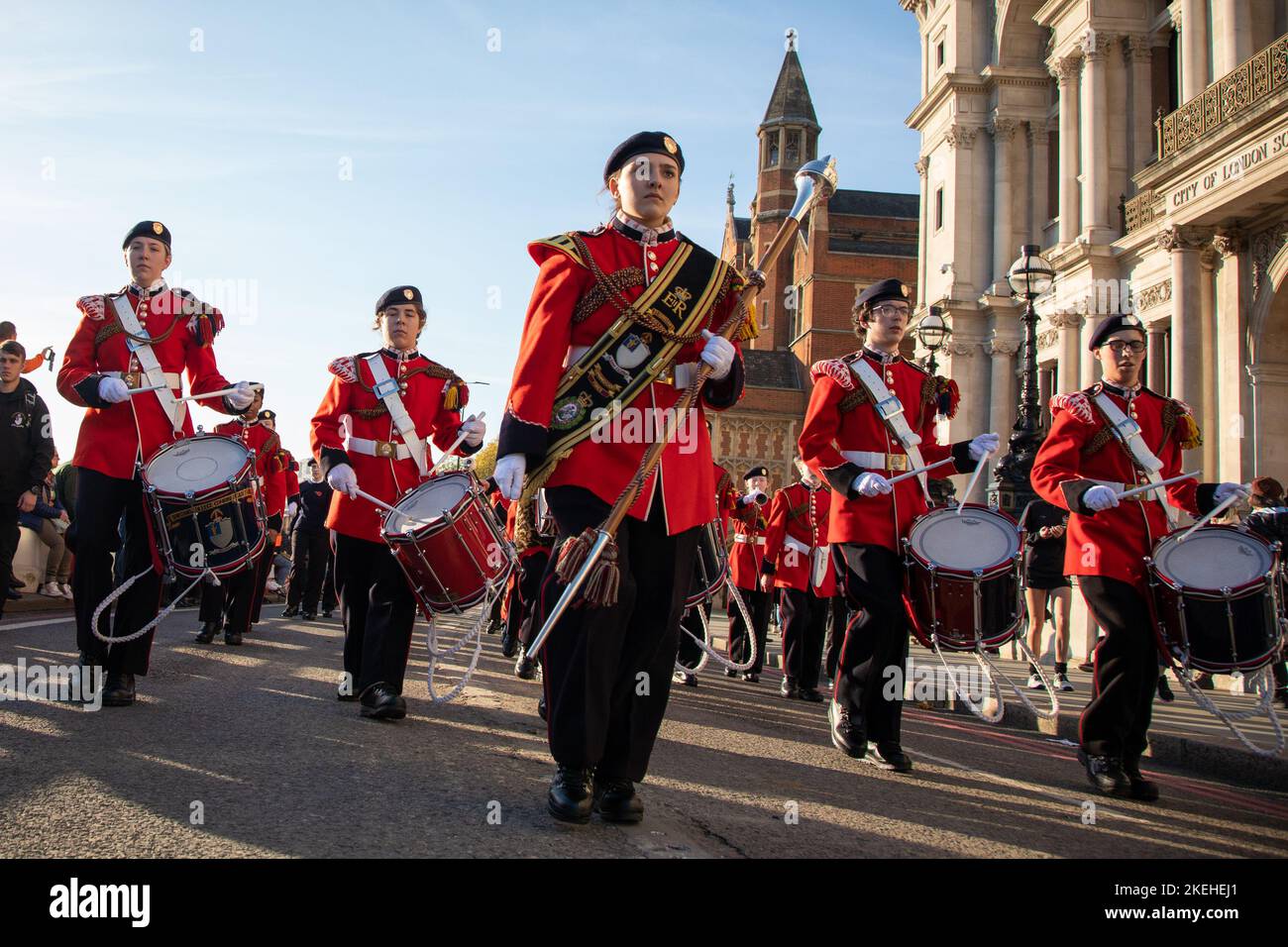 London, UK. 12th November 2022. Musicians from the St Dunstan's College Combined Cadet Force take part in the Lord Mayor’s Show in honor of the 694th Lord Mayor of the City of London, Alderman Nicholas Lyons. Credit: Kiki Streitberger/Alamy Live News Stock Photo