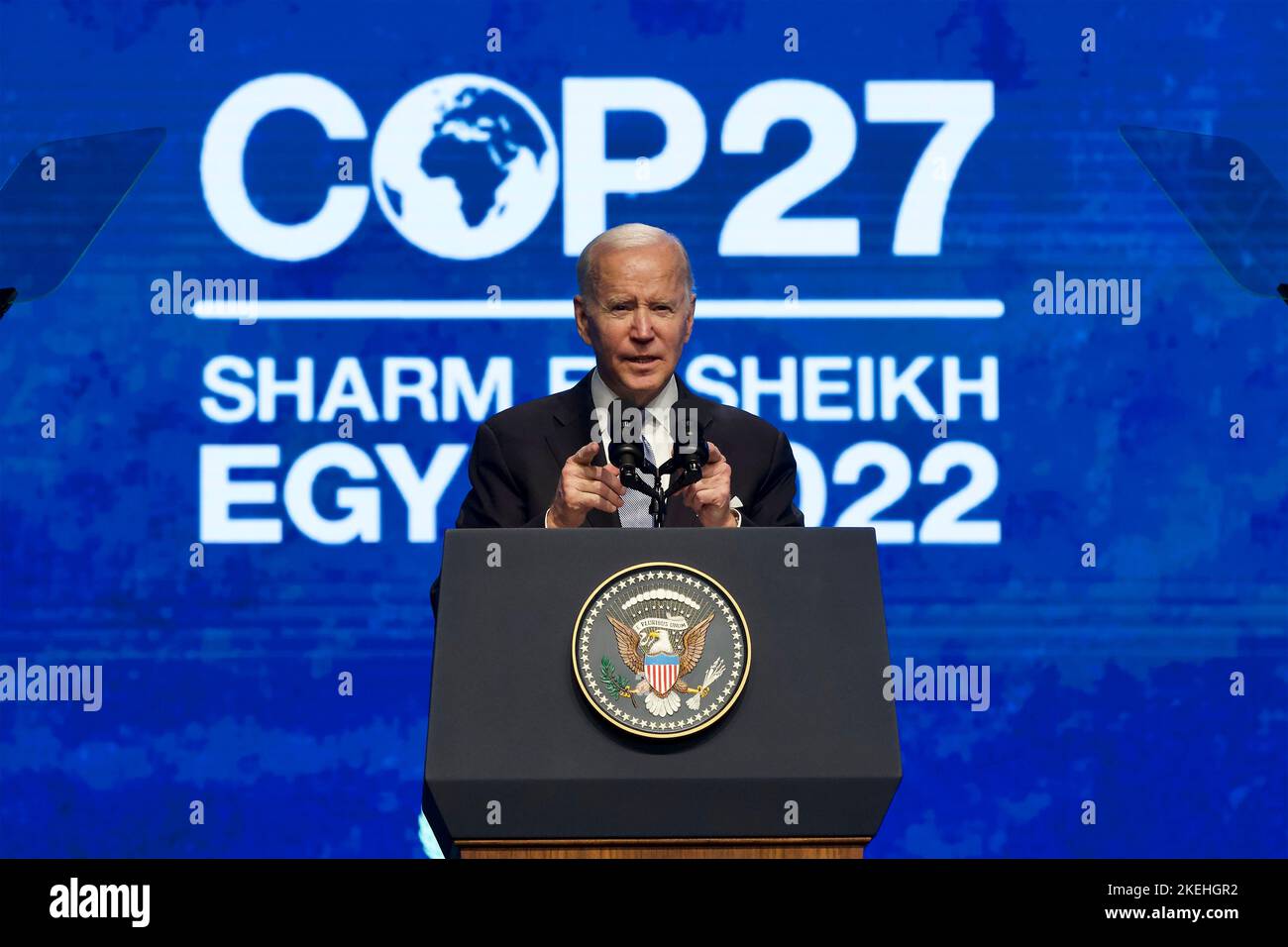 Sharm el-Sheikh, Egypt. 11th Nov, 2022. U.S. President Joe Biden, addresses the COP27 U.N. Climate Summit at the Sharm El Sheikh International Convention Centre, November 11, 2022, in Sharm el-Sheikh, Egypt. Credit: Maged Helal/U.S. Embassy Cairo/Alamy Live News Stock Photo