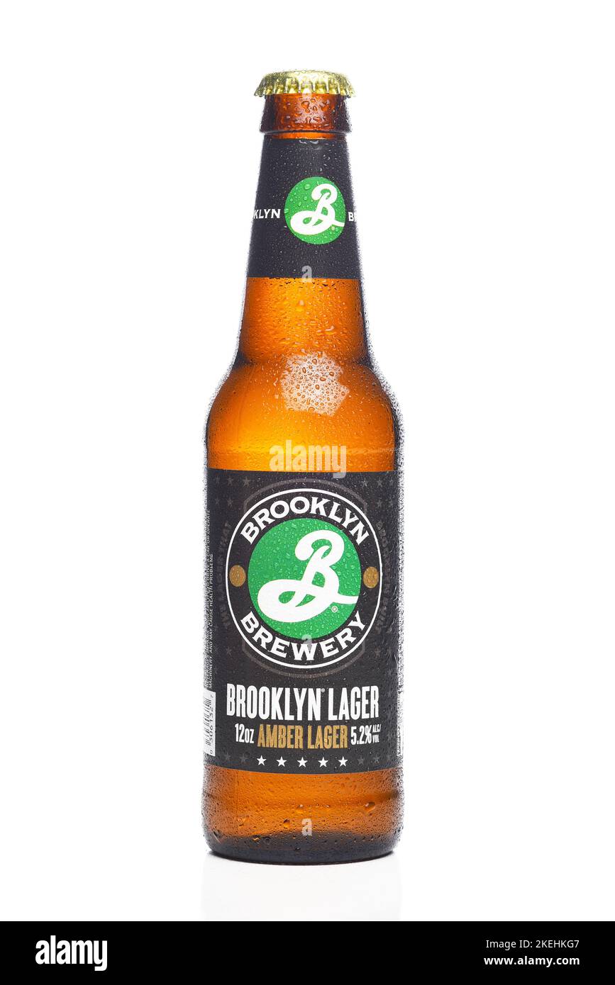IRIVNE, CALIFORNIA - 12 NOV 2022: A bottle of Brooklyn Lager an Amber Lager form Brooklyn Brewery, Stock Photo
