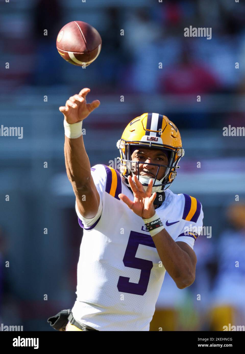 November 12, 2022: LSU QB Jayden Daniels #5 releases the ball up the