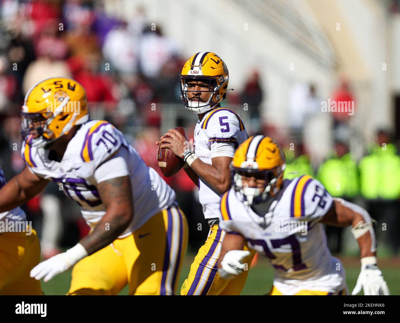 November 12, 2022 Tiger QB Jayden Daniels 5 settles in the pocket