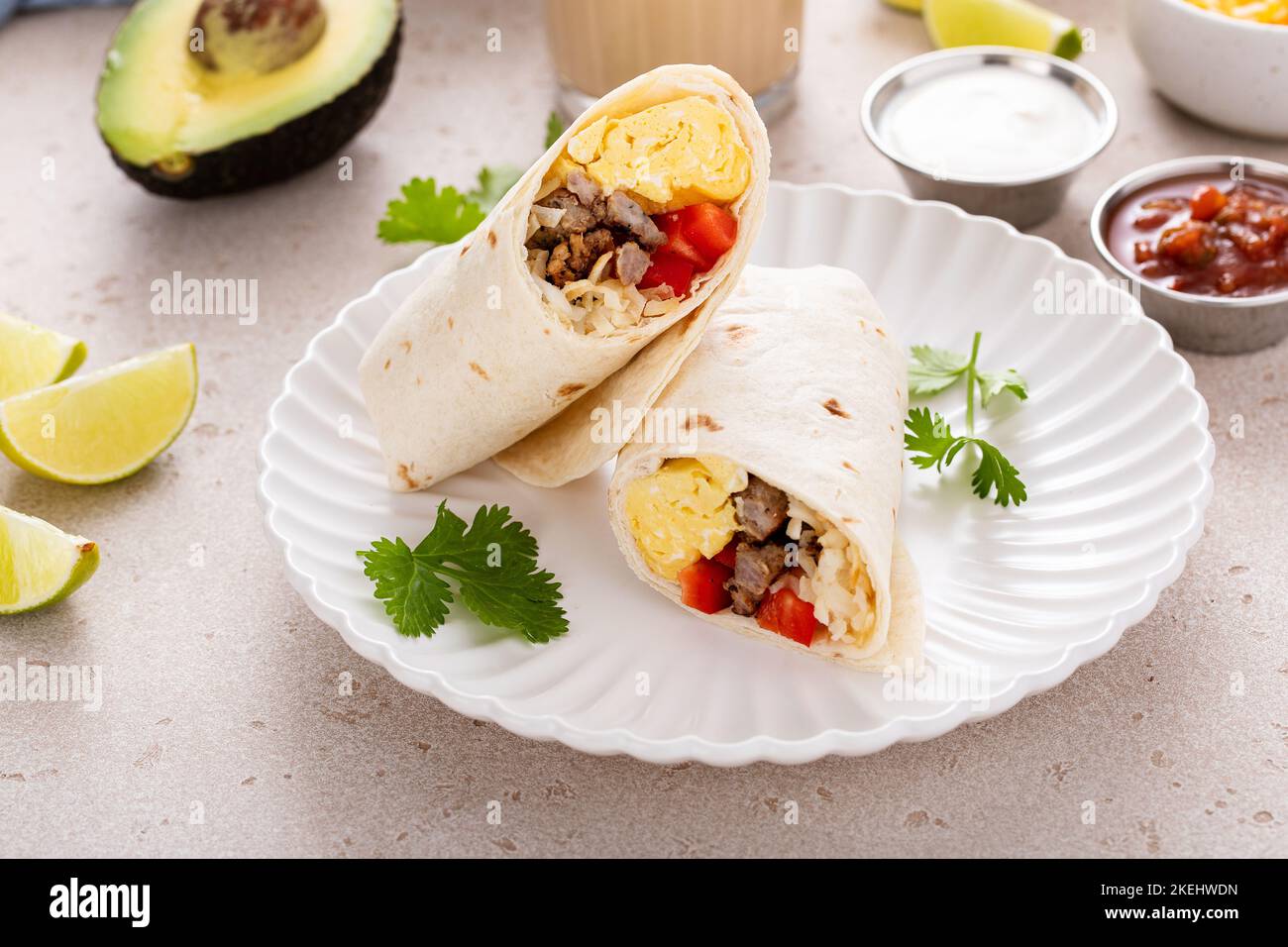 Breakfast burrito with sausage, eggs, bell pepper and cheese Stock