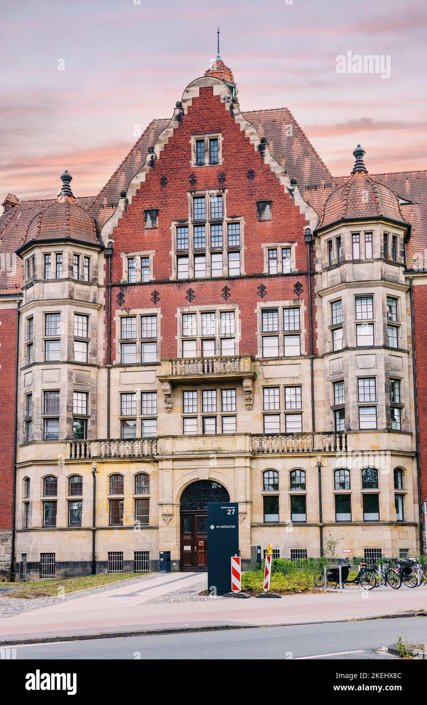 25 July 2022, Munster, Germany: Main campus entrance of the Famous European university of Applied Sciences Fachhochschule building. Student Education Stock Photo
