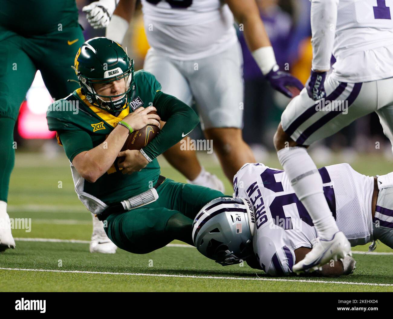 November 12, 2022 Baylor quarterback Blake Shapen (12) is brought down