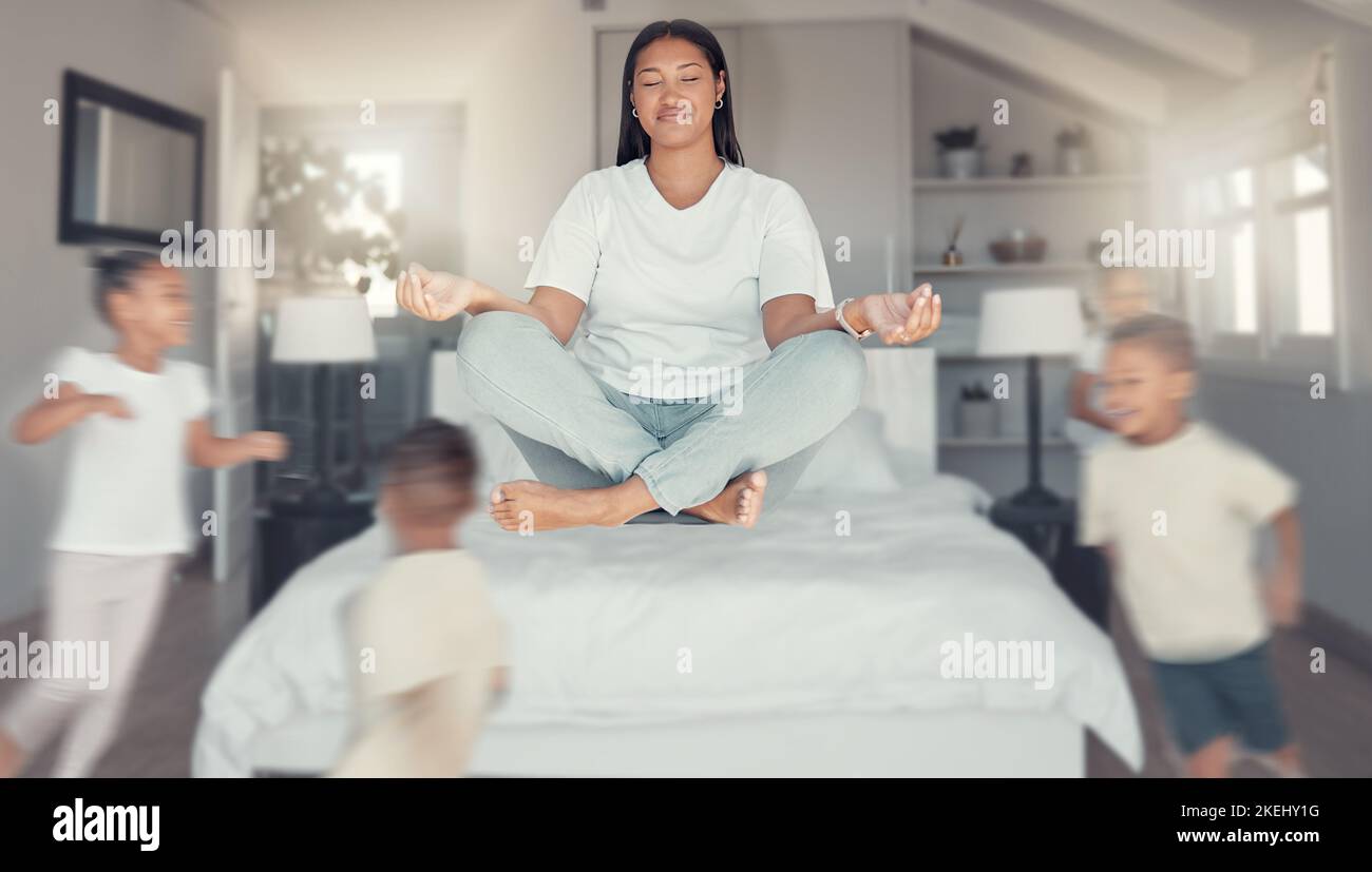 Meditation, relax and children running with mother in bedroom training for zen, yoga and peace wellness. Noise, stress and energy with thinking mom Stock Photo