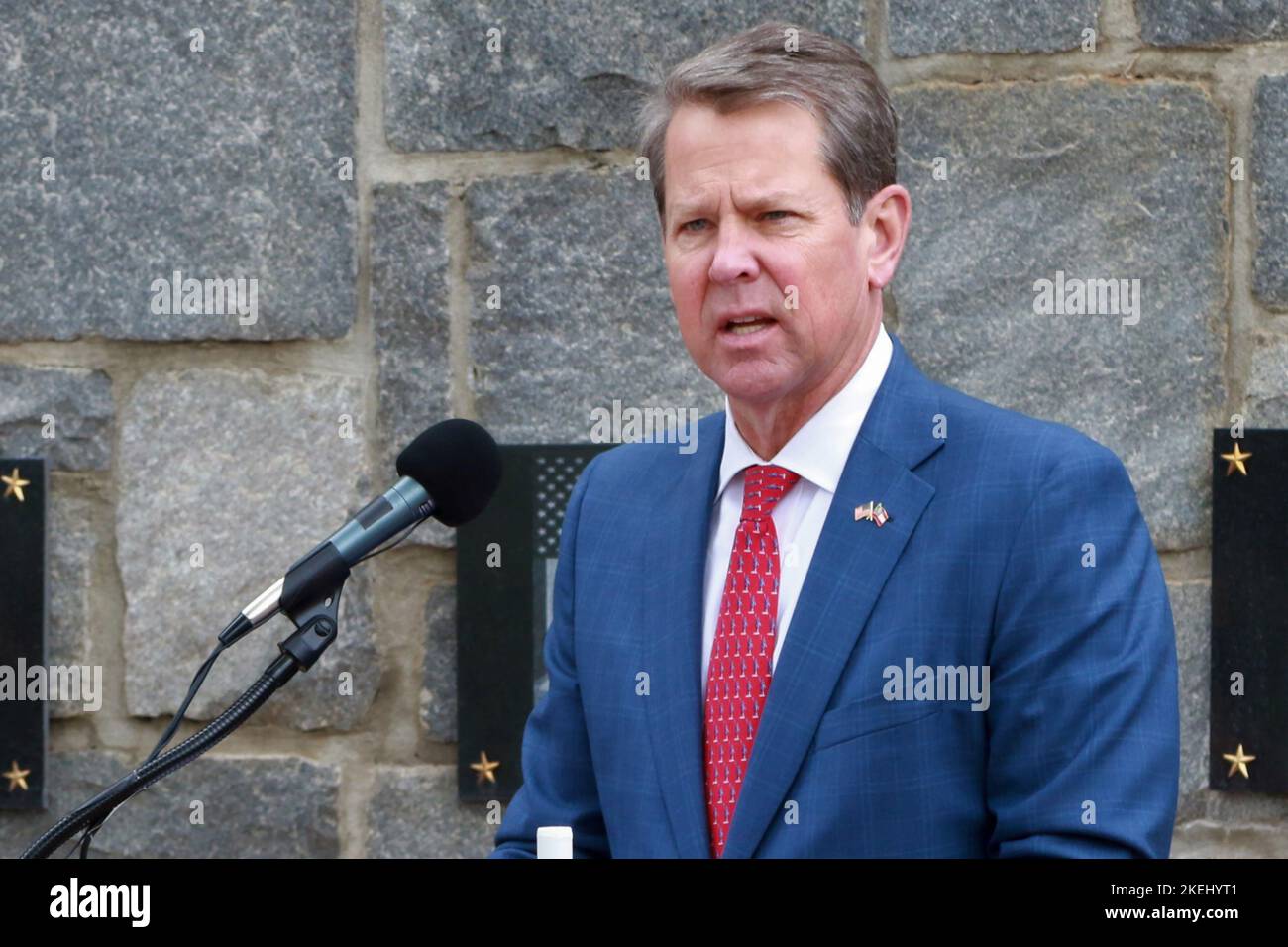 Georgia State Governor Brian Kemp speaking during a virtual Memorial Day ceremony at Clay National Guard Center in Marietta, Georgia on May 21, 2020 Stock Photo