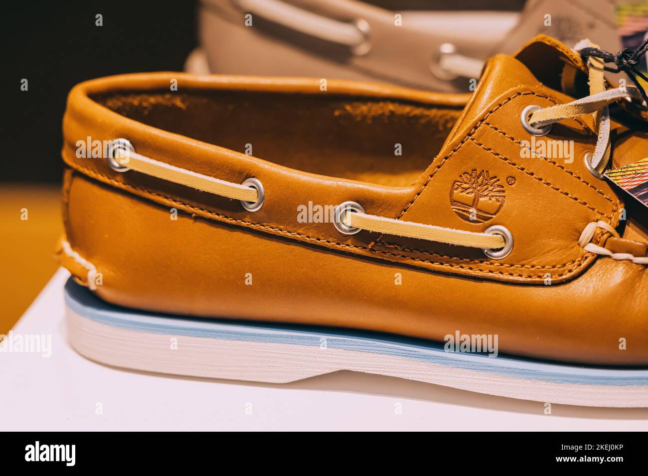 26 July 2022, Munster, Germany Timberland famous brand logo on a