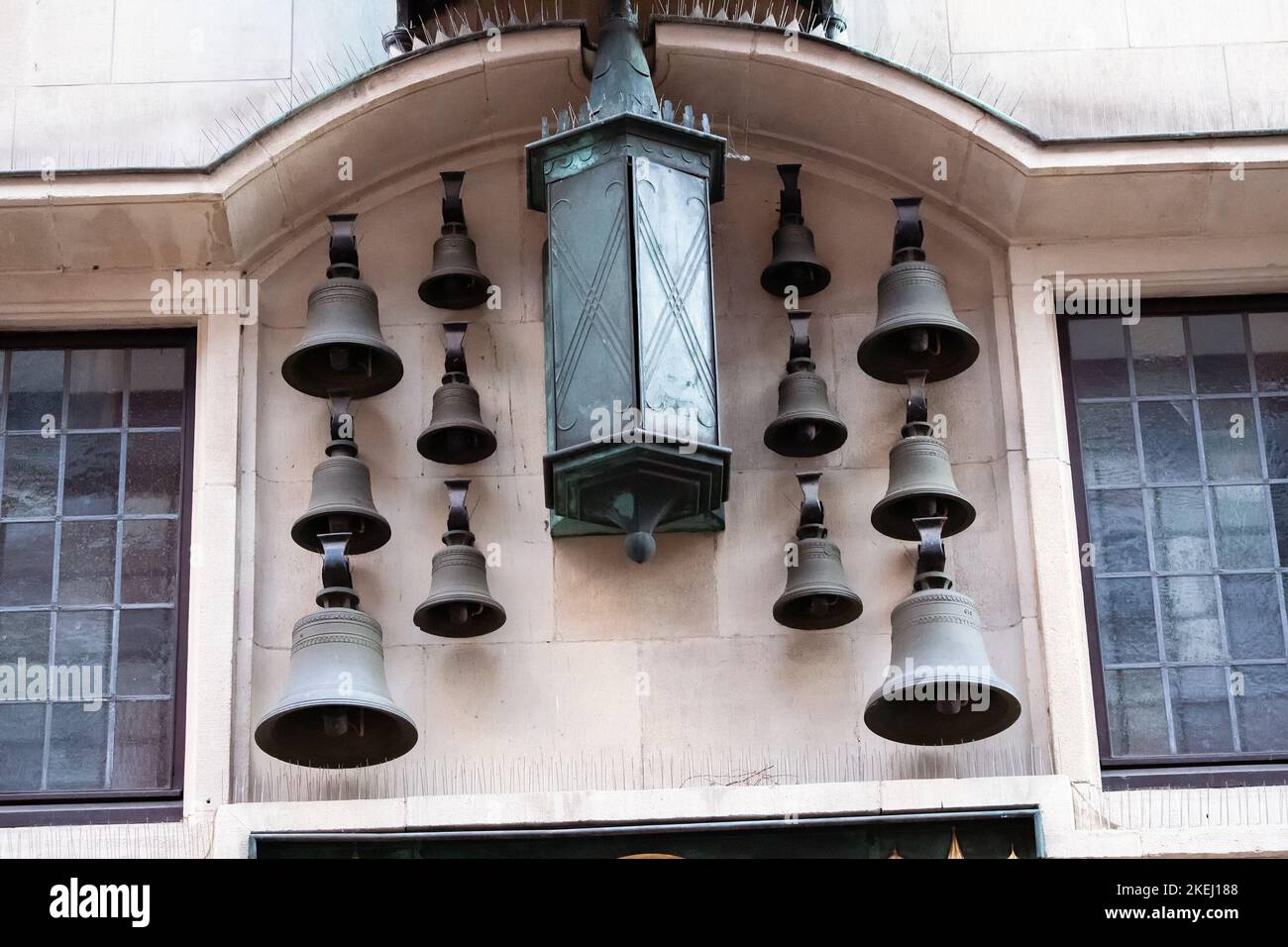 25 July 2022, Munster, Germany: Row of chimes of the World time Clock on the street of old european city Stock Photo